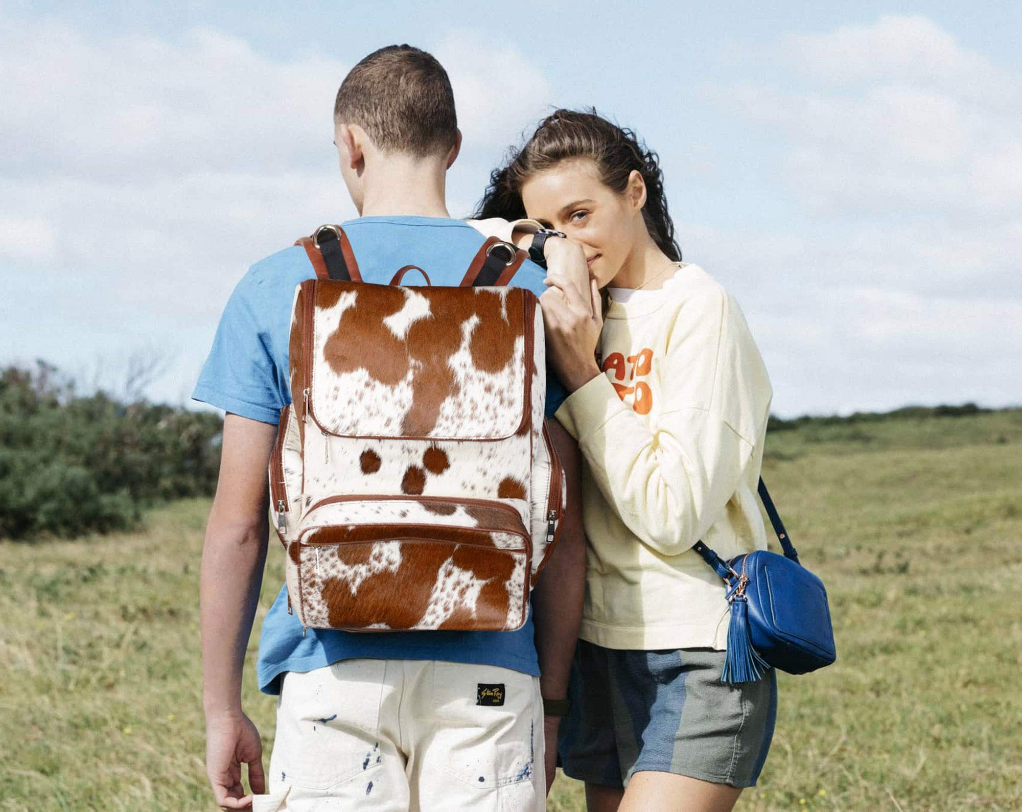 **Brown & White Cowhide Leather Backpack – Stylish Diaper Bag & Travel Shoulder Bag | Perfect Mother’s Day Gift for Women | Ideal for Travel, Work & Daily Use**