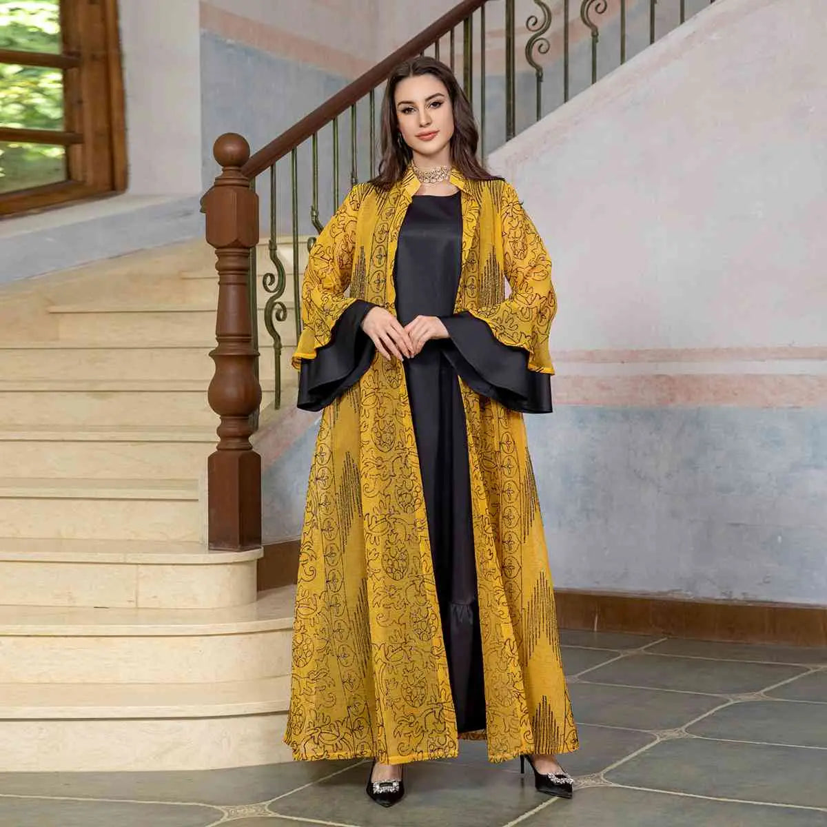 2 Piece Women's Ruffle Sleeve Open Abaya Kaftan Dress Set with Inner Sleeveless Dress - Elegant Muslim Fashion for Prayer, Homewear, and Special Occasions