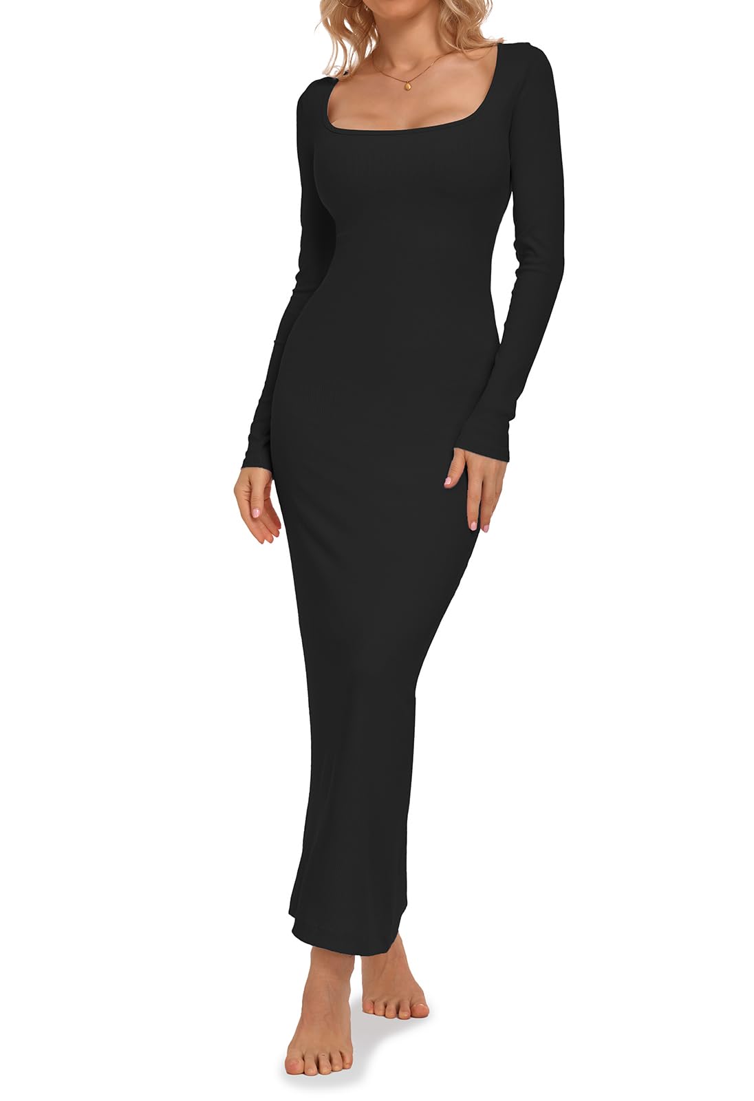 Relety Women's Bodycon Maxi Dress - Ribbed Long Sleeve Lounge Dress with Square Neck for Formal & Casual Wear | Perfect for Parties, Office, Date Night & Evening Events