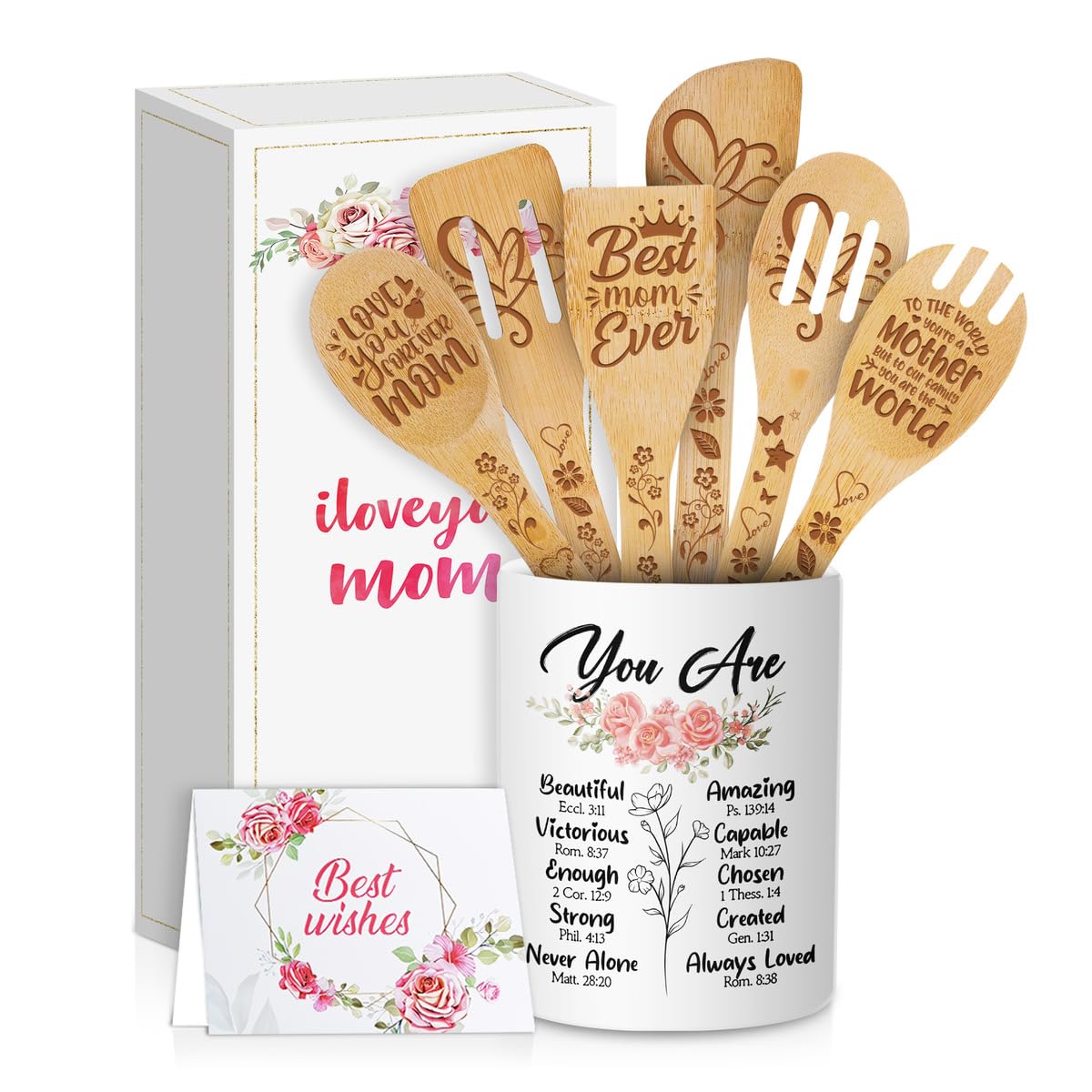 GENANY 6-Piece Wooden Cooking Utensils Set with Holder - Perfect Kitchen Gift for Mom, Birthday, Housewarming & Christian Women - Ideal for Cooking, Baking & Home Decor