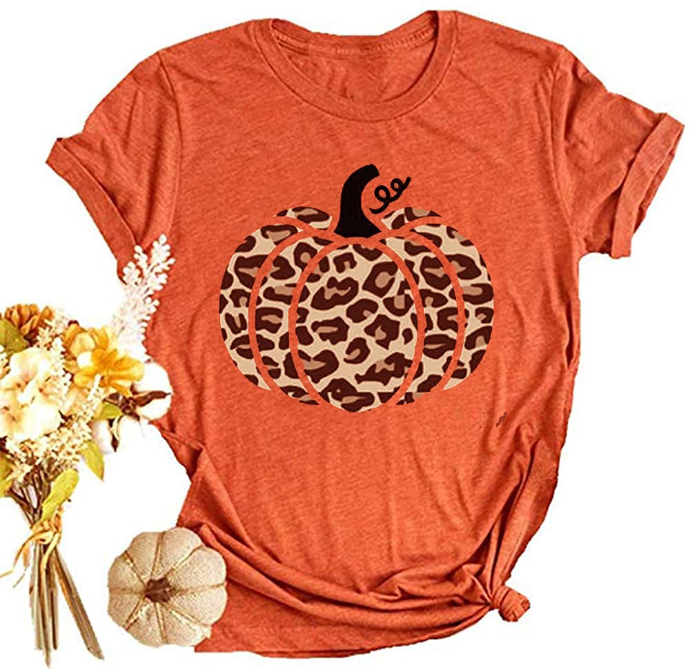 Woffccrd Women's Funny Leopard Pumpkin Printed Halloween T-Shirt - Short Sleeve Graphic Tee for Fall & Thanksgiving - Cute Casual Top for Costume Parties, Pumpkin Patch Visits & Autumn Outfits