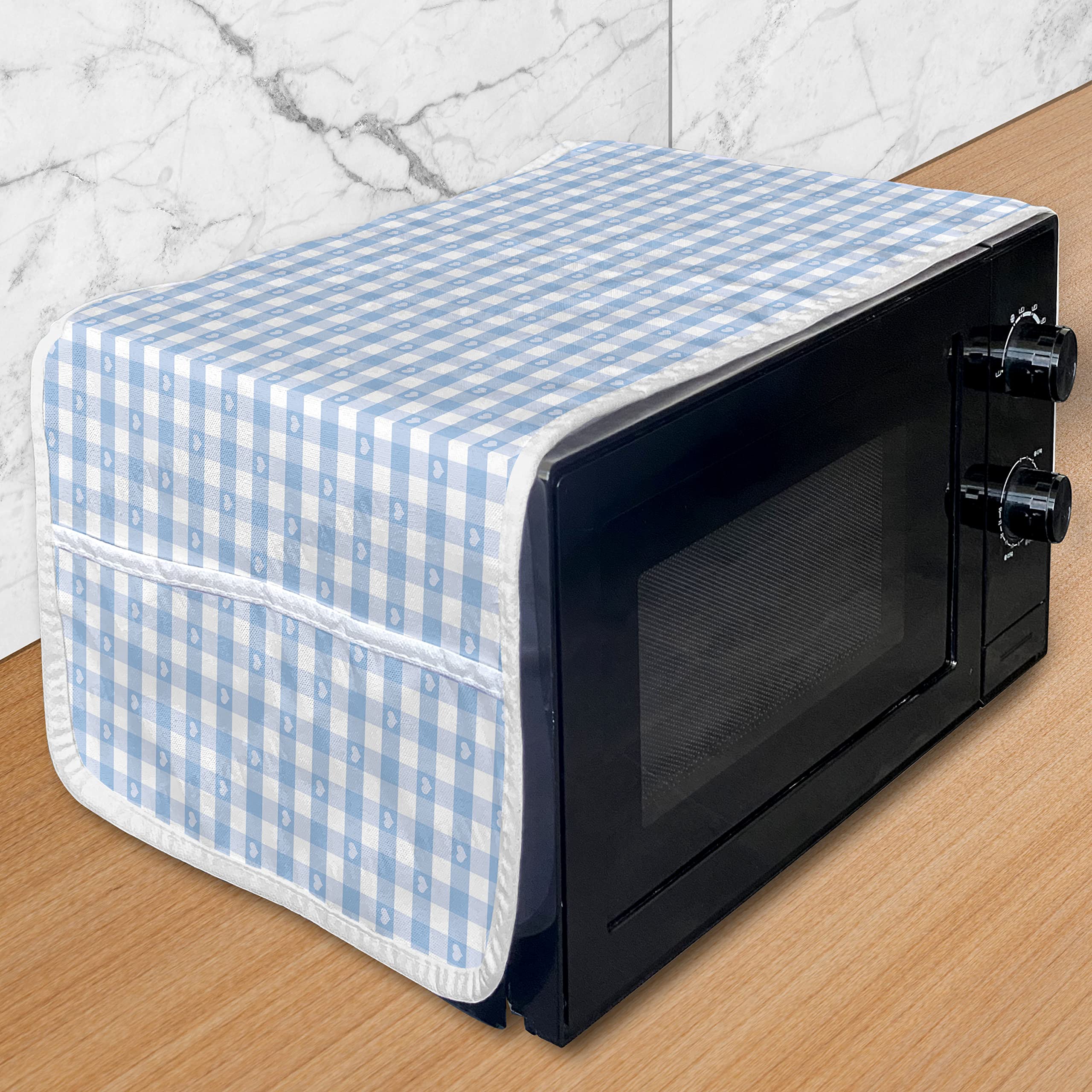 Ambesonne Checkered Microwave Oven Cover - Pastel Blue Gingham with Hearts Design, Waterproof Kitchen Organizer with Pockets, 36