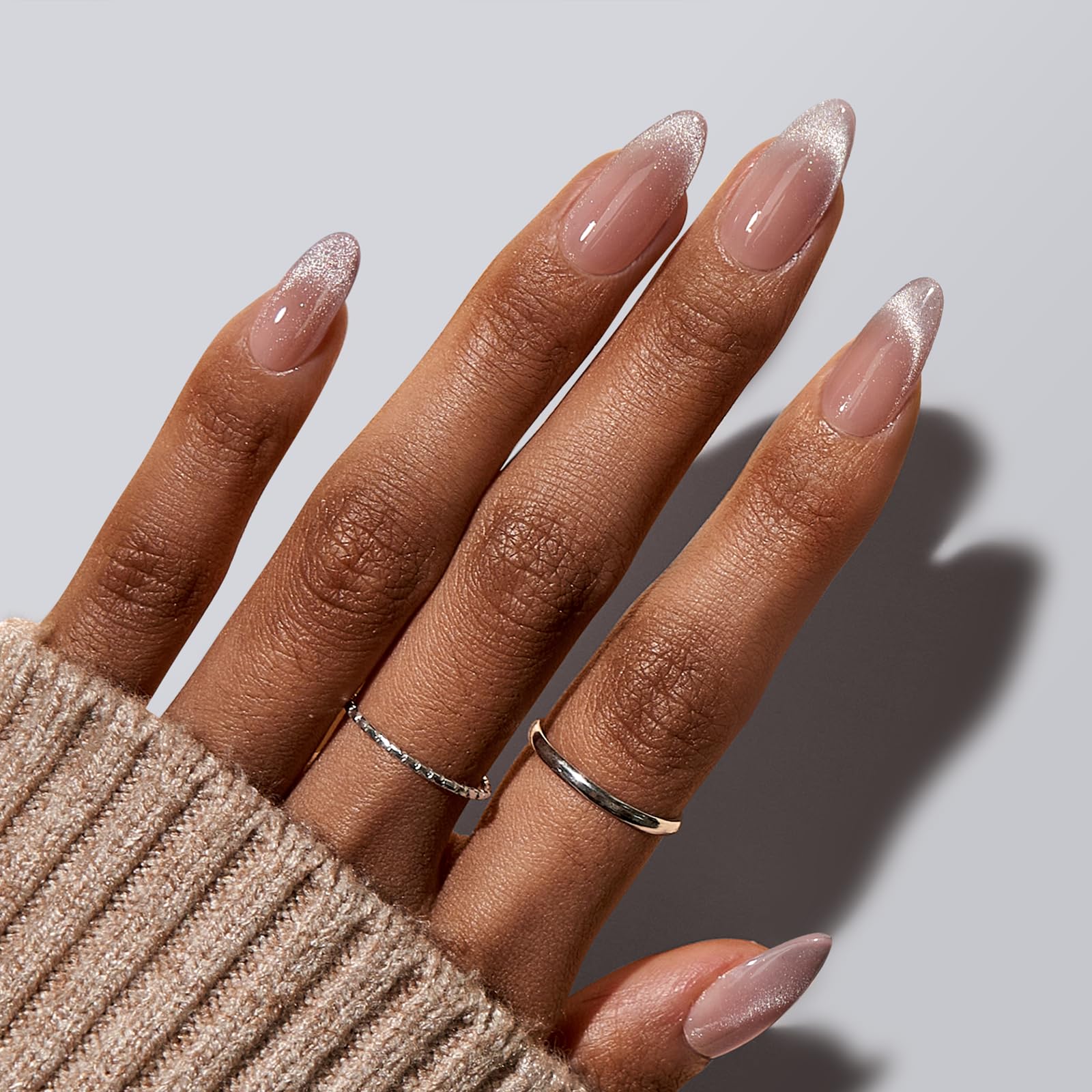 BTArtbox Almond Press On Nails - Spring Cat Eye Medium Length French Tip Soft Gel Fake Nails Kit (30 Pieces, 15 Sizes) for Daily Nail Art & Salon Quality Extensions | Perfect for Parties, Weddings, and Everyday Wear