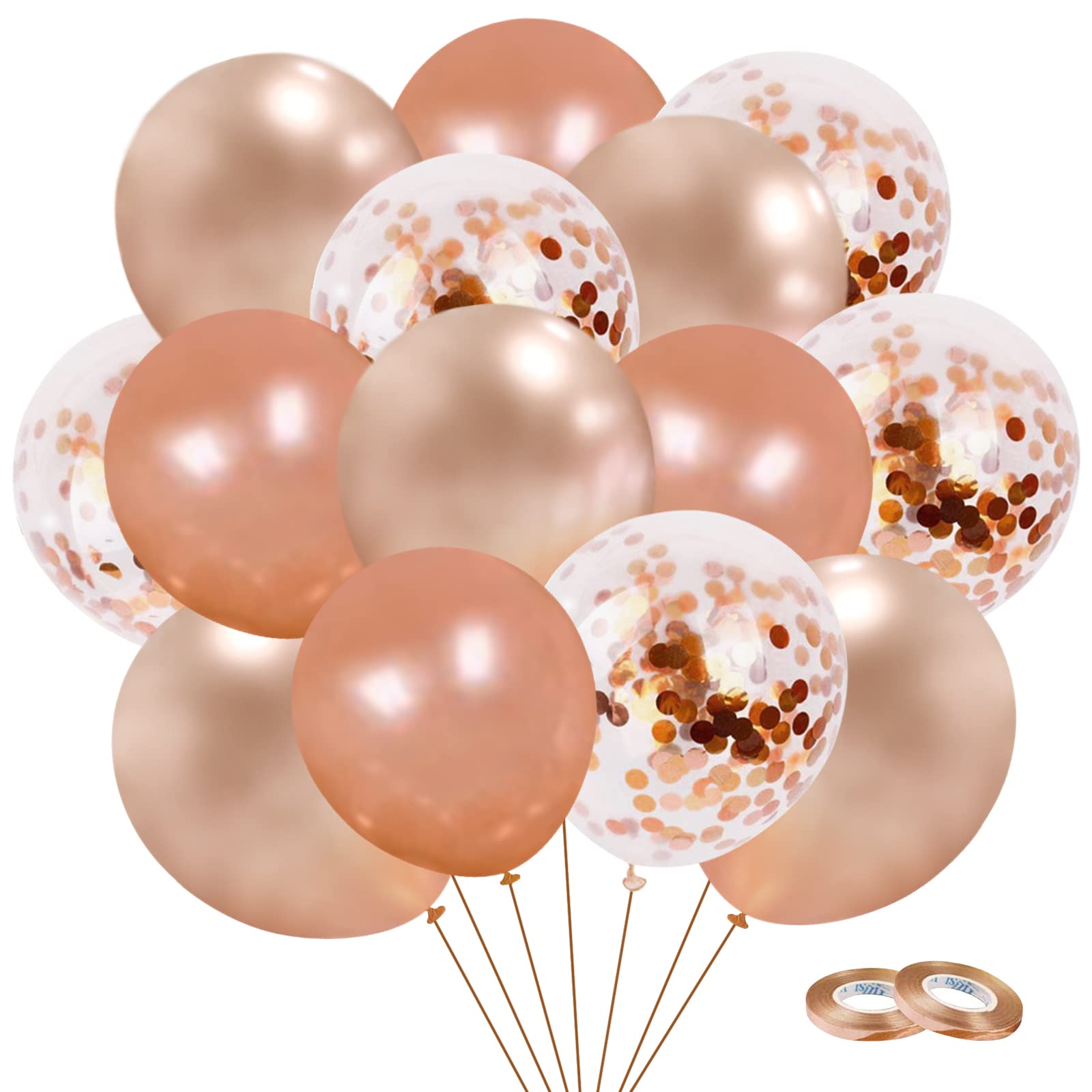 90Pcs Rose Gold Confetti Balloons - 12 Inch Metallic Chrome Party Balloons with Premium Clear Confetti | Thickened Glitter Latex Balloons for Wedding, Birthday, Baby Shower Decorations & Balloon Garland Arch Backdrop