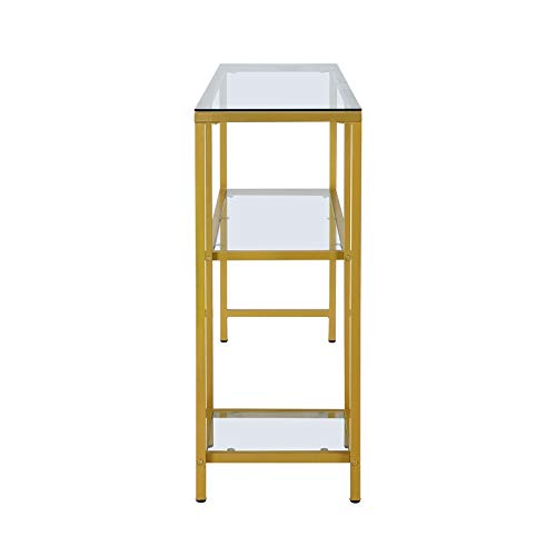BOWERY HILL Gold Glass Console Table with Shelves - Modern Entryway, Living Room & Hallway Decor