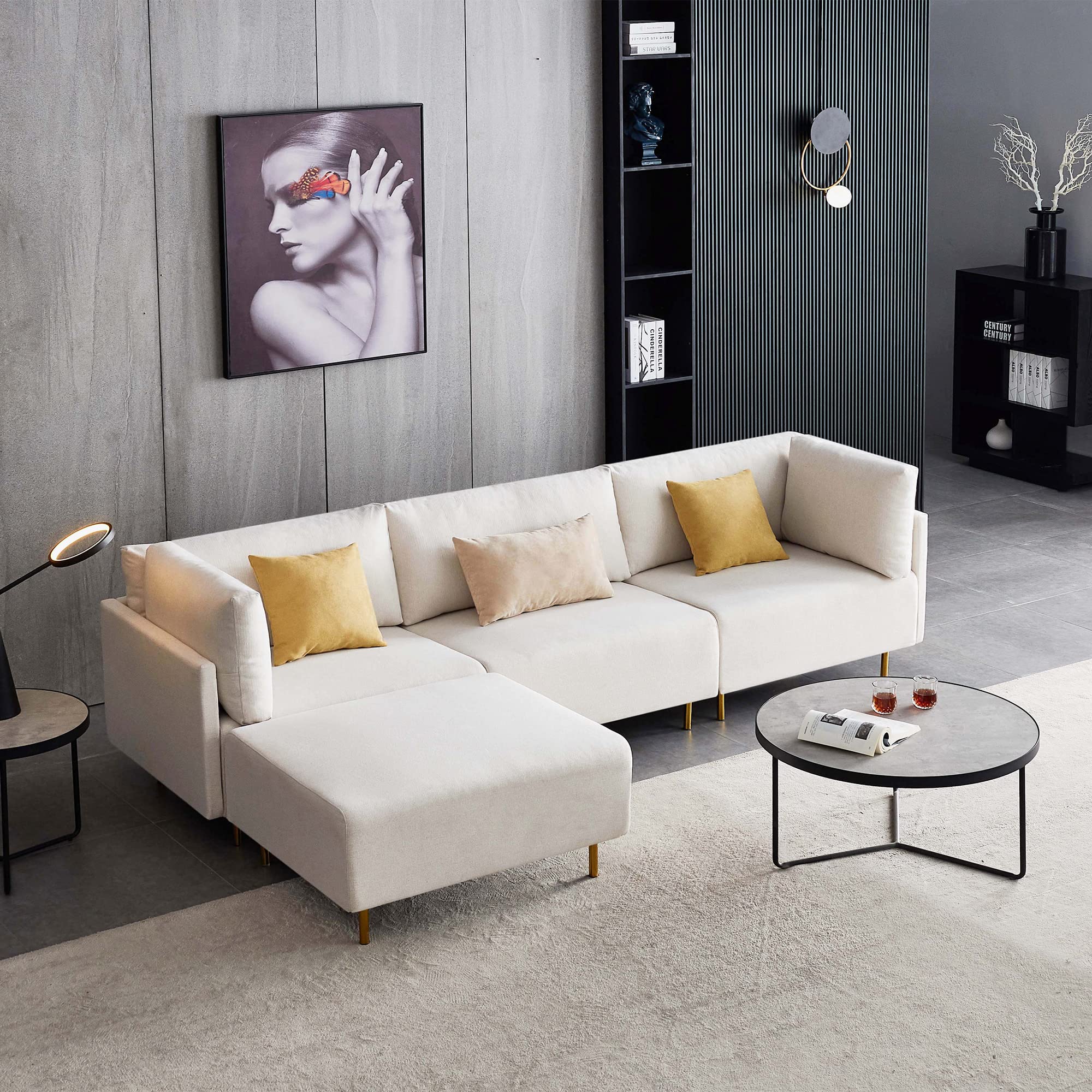 Modern Convertible L-Shape Sectional Sofa with Ottoman & 3 Pillows - Soft Linen Fabric Couch for Living Room, Family Room & Small Spaces (Beige) | Perfect for Apartments, Condos & Home Theater Seating