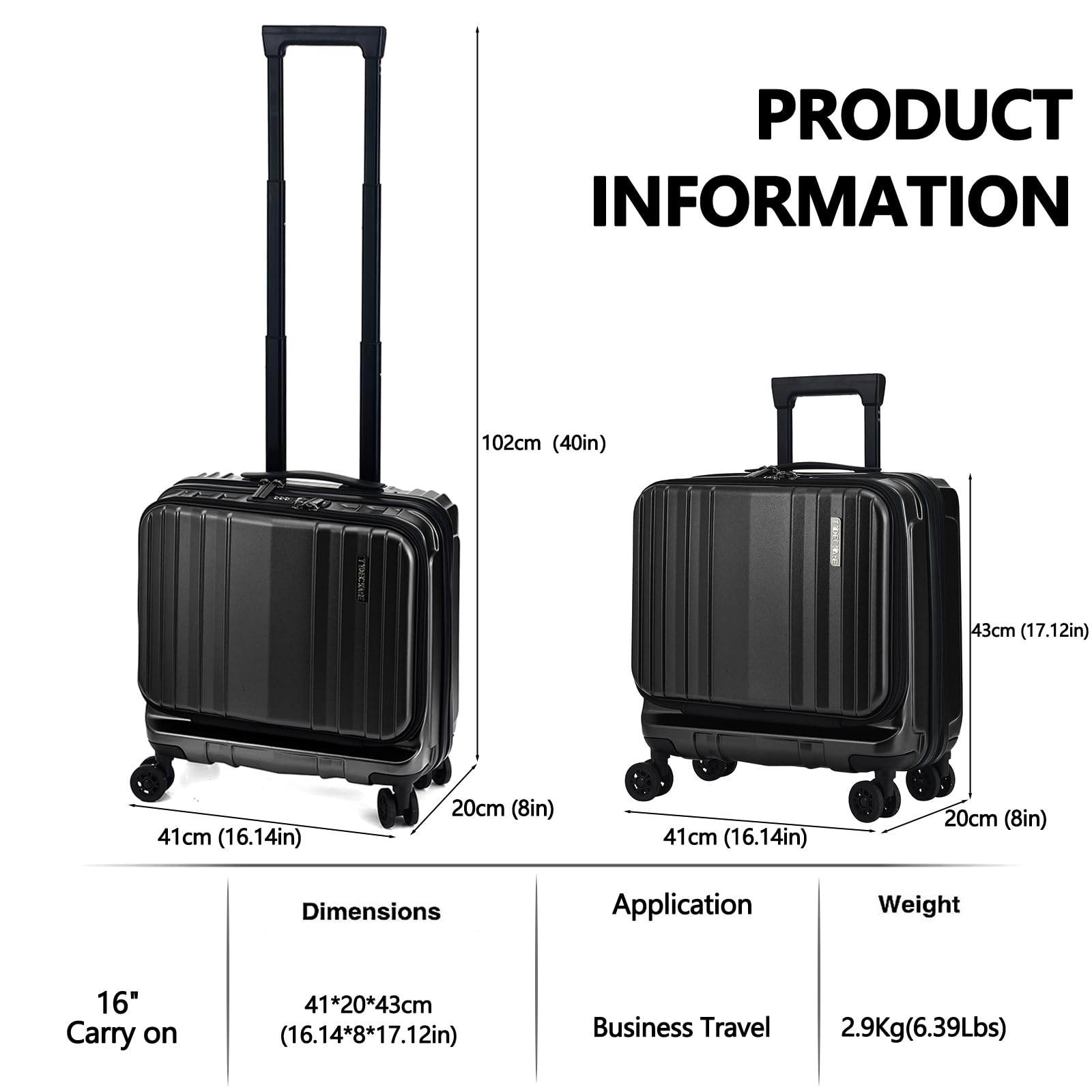 TydeCkare 16 Inch Carry On Luggage with 2 Laptop Compartments - Lightweight Hardshell ABS+PC Suitcase with TSA Lock, YKK Zippers & 4 Spinner Wheels - Perfect for Business Travel & Weekend Getaways (Black)