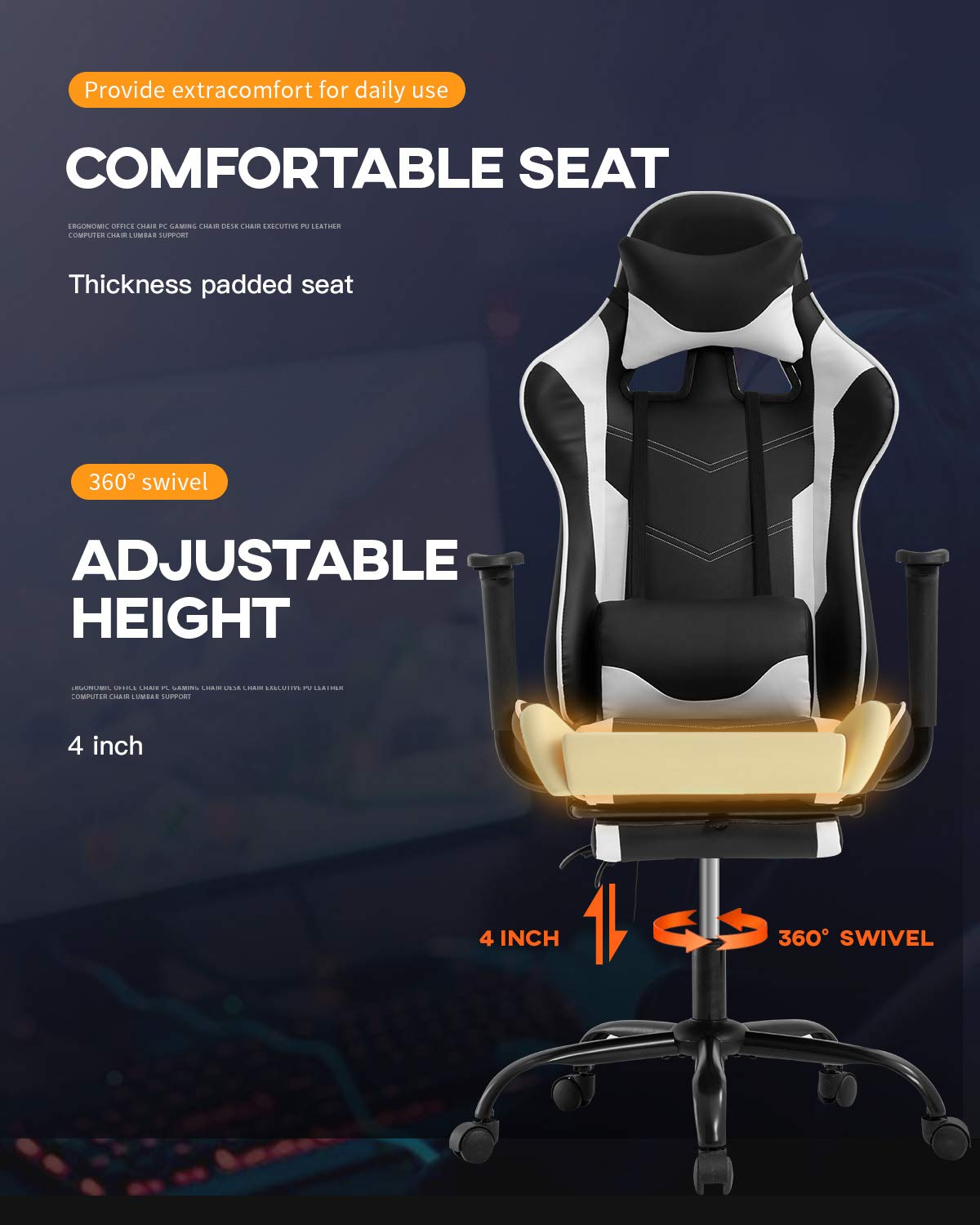 Ergonomic Massage Gaming Chair - Adjustable High Back Racing Style Office Chair with Footrest, Headrest & Lumbar Support for Home & Work | Perfect for PC Gaming, Work from Home & Relaxation (White)