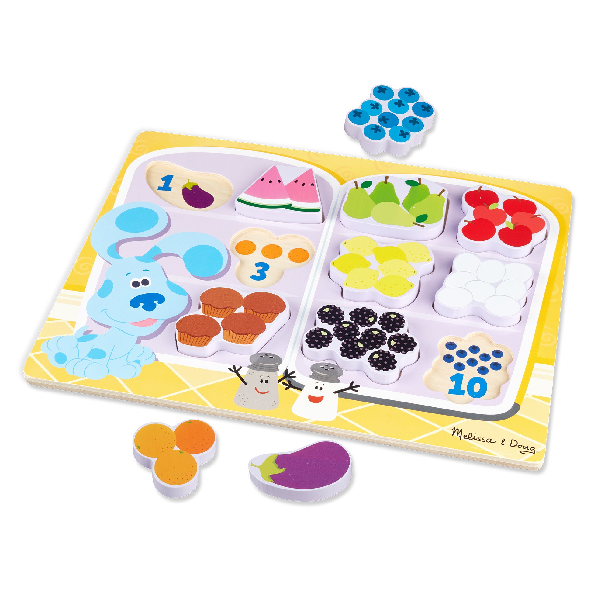 Blue's Clues & You! Wooden Chunky Puzzle - 10-Piece Fridge Food Learning Toy for Toddlers | Early Childhood Education & Pretend Play Kitchen Accessory
