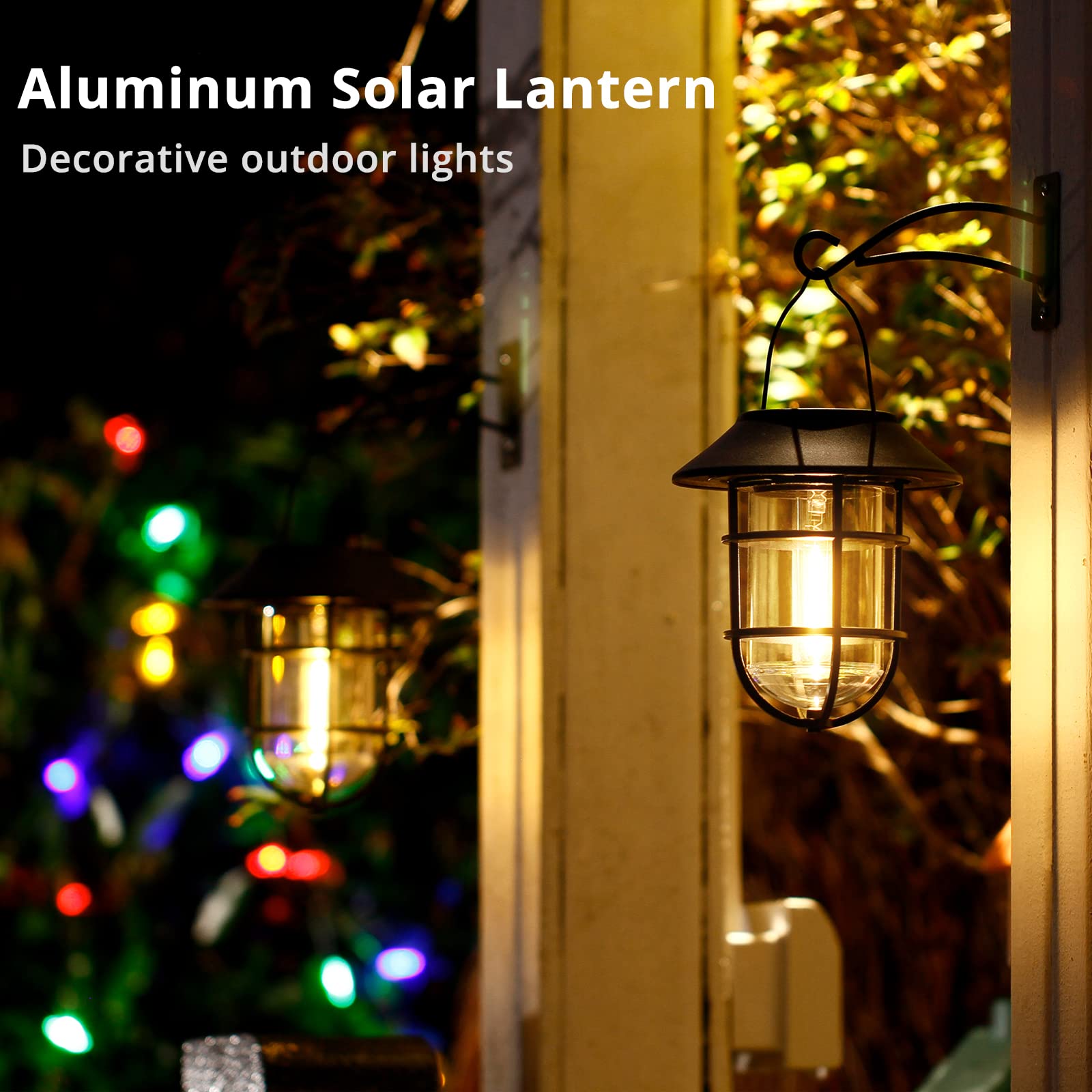 Outdoor Solar Lantern with LED Edison Bulbs - Waterproof Metal Hanging Solar Light with Clear Glass & Aluminum Hook - Bronze Decorative Wall Lantern for Patio, Garden, Porch and Backyard Lighting