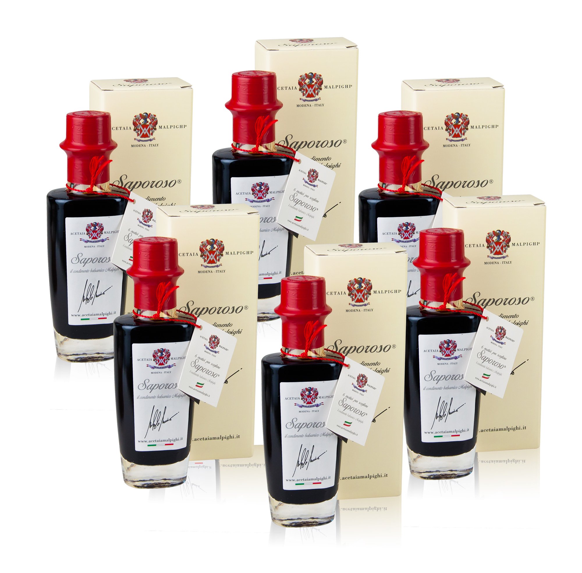 Premium Malpighi Saporoso Aged Balsamic Vinegar - 6 Year Oak Barrel Aged, 6 Bottles (6.7oz Each) - Gourmet Italian Condiment for Salads, Cheese & Desserts