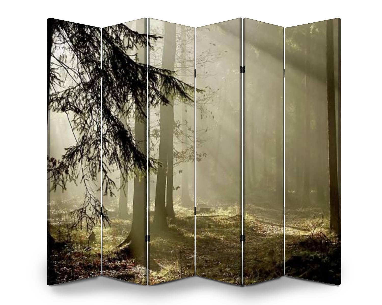 VDSRYGMLB Wooden Room Divider - 6-Panel Folding Privacy Screen with Coniferous Forest Dawn Scene, Dual-Sided Canvas Partition for Indoor Spaces | Perfect for Home Office, Bedroom & Living Room Privacy