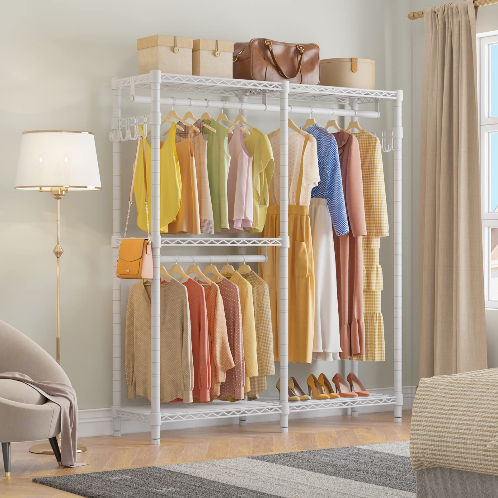 VIPEK V4S Heavy Duty Garment Rack - 810lbs Capacity Freestanding Clothes Rack with 3 Hanging Rods & 2 Side Hooks, Portable Wardrobe Organizer for Closet, Bedroom, Laundry Room or Commercial Use - White