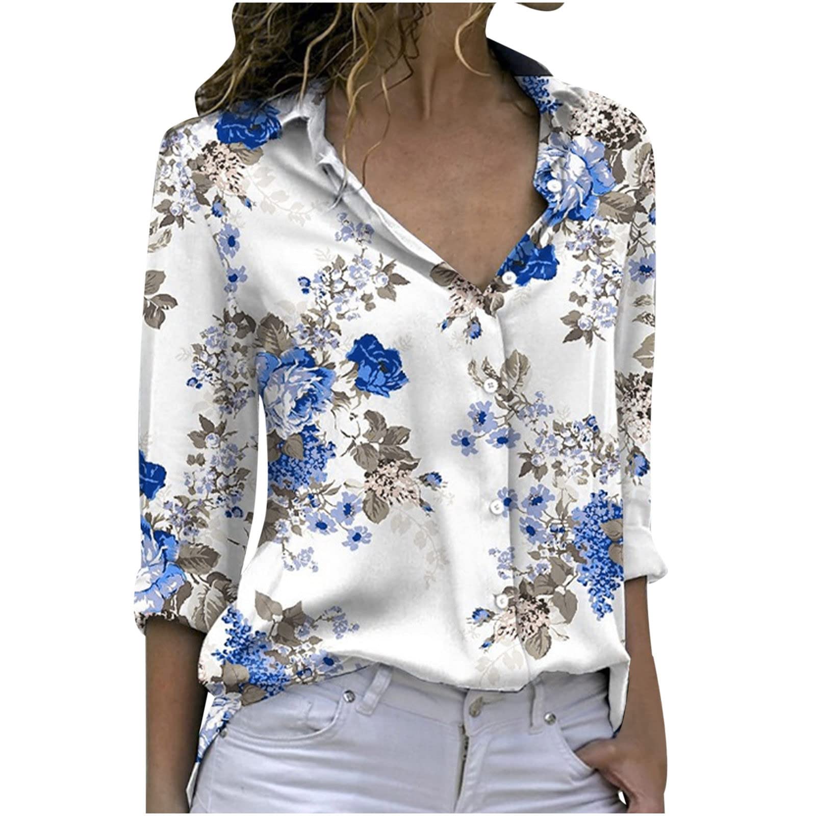 Women's Summer Floral Button Down Shirts - V Neck Long Sleeve Casual Blouses & Tops | Perfect for Office Wear, Beach Outings & Daily Fashion
