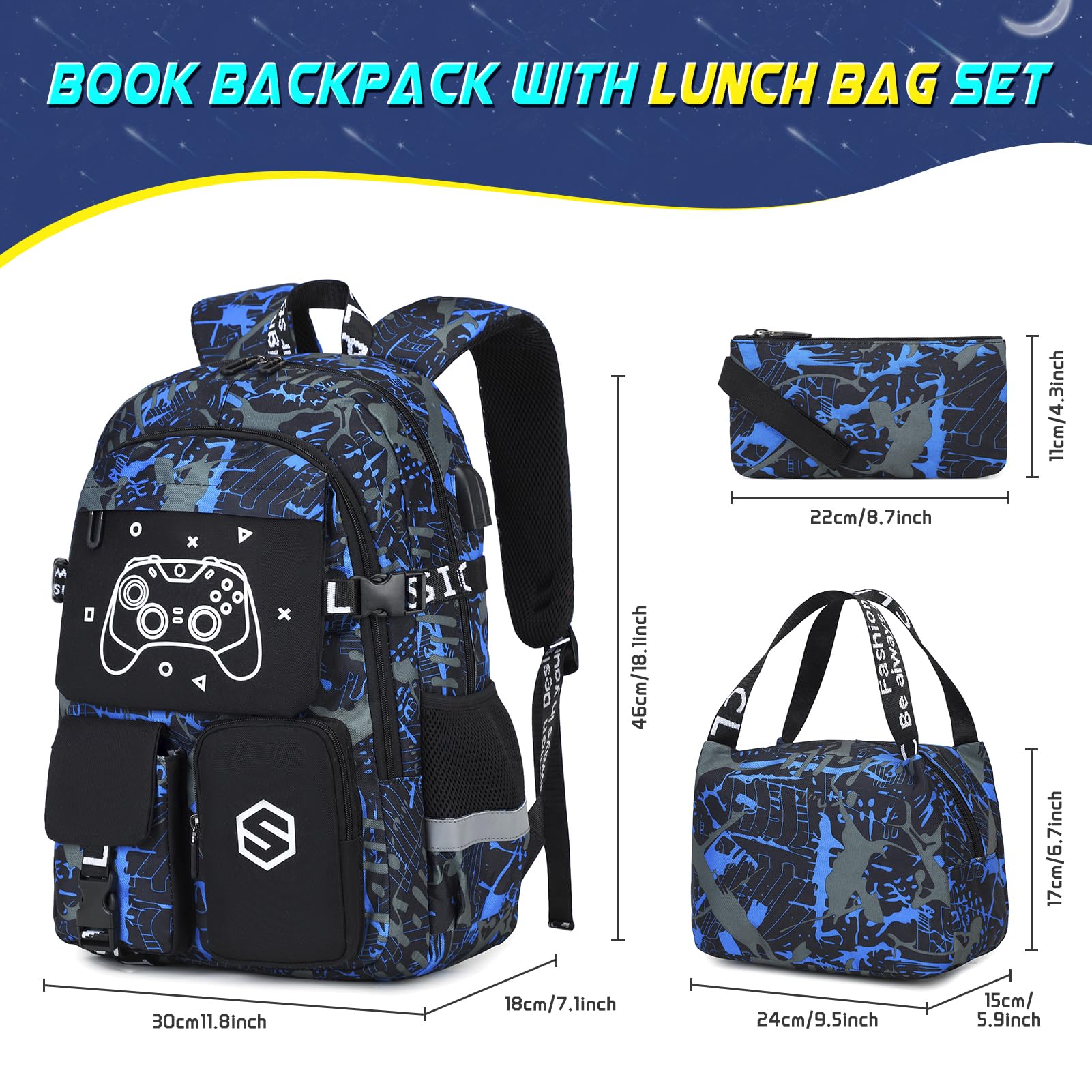 **Cool Luminous Boys Backpack with Lunch Bag & Pencil Case - USB Charging Port, Durable School Backpack for Kindergarten, Elementary & Middle School Boys - Perfect for Daily Use, Travel & Outdoor Adventures**