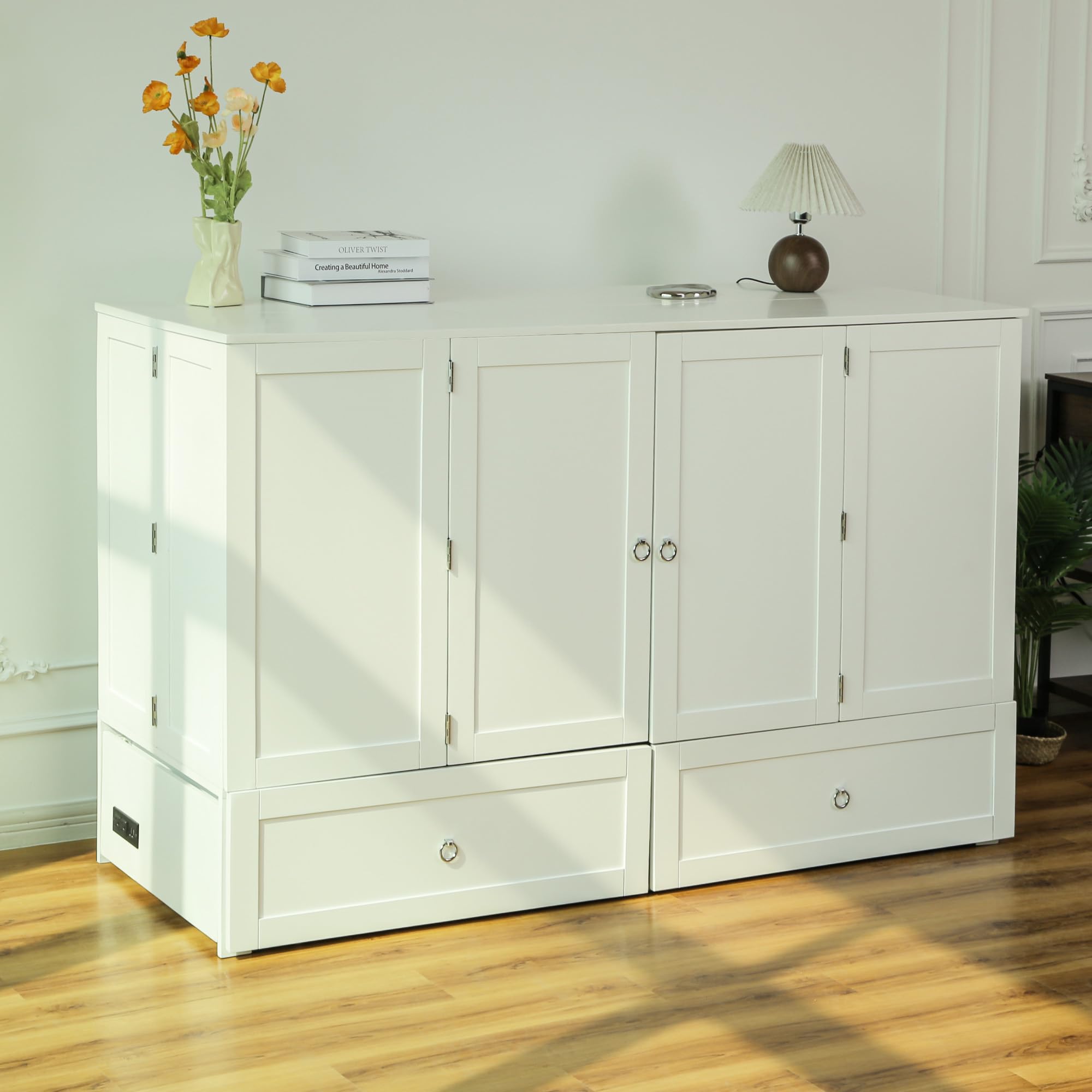 Queen Murphy Bed with Storage & USB Charging - Space-Saving Cabinet Bed for Small Apartments & Guest Rooms
