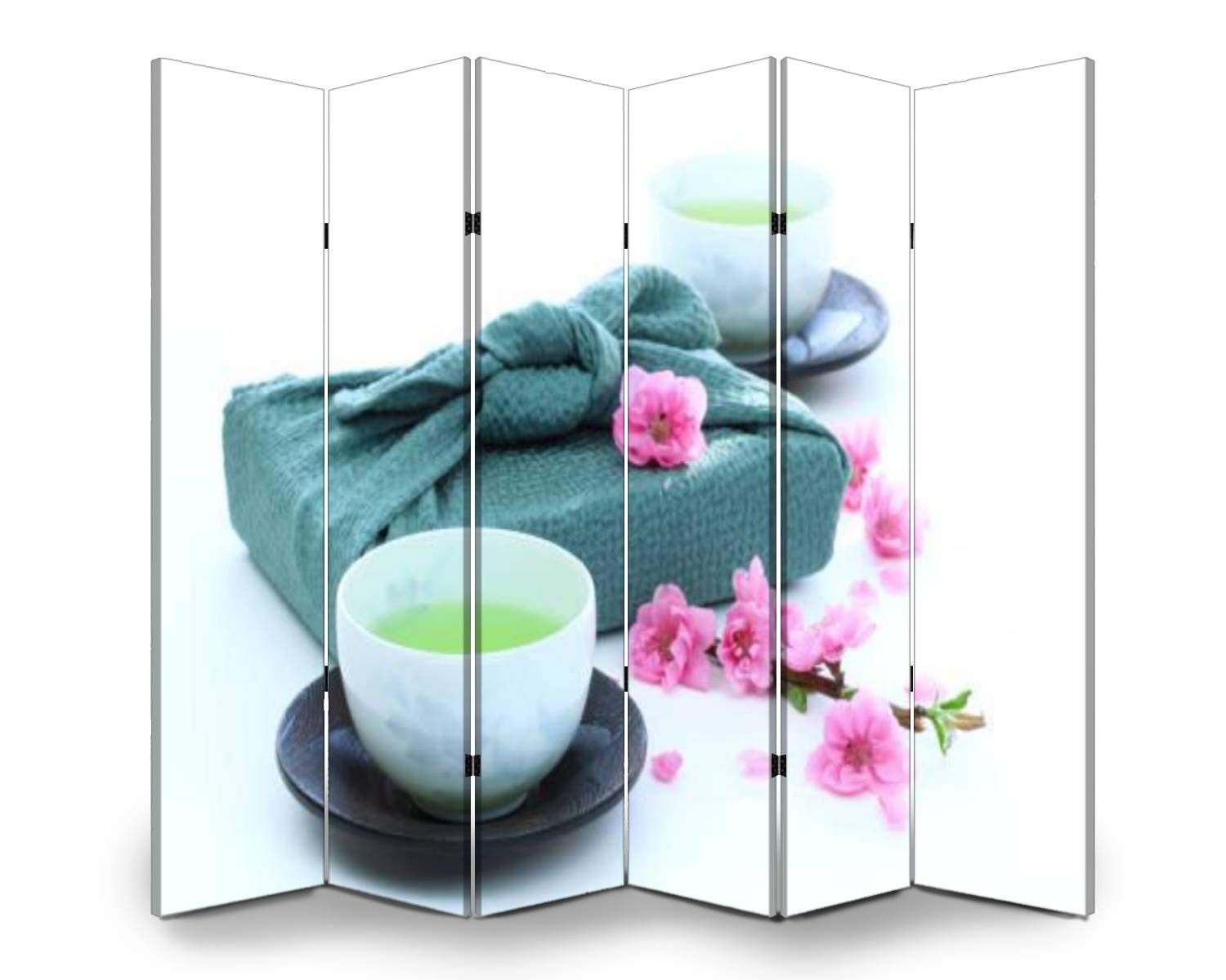 6-Panel Wooden Folding Screen Room Divider - Dual-Sided Green Tea & Peach Floral Canvas Privacy Partition with Furoshiki Wrapping Cloth | Indoor Wall Divider for Home Office, Bedroom, and Display Shelves
