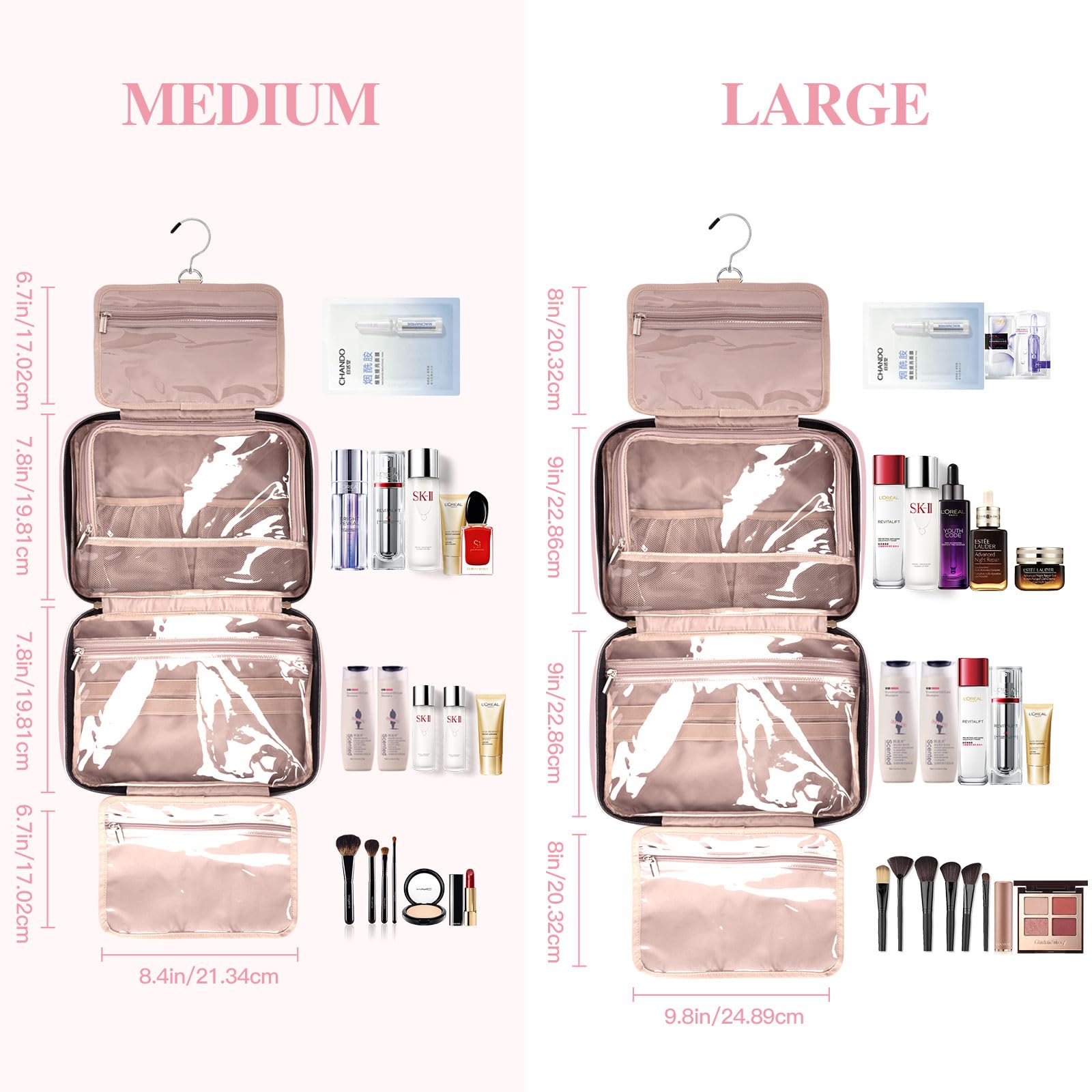 Waterproof Hanging Toiletry Bag for Women - Large Capacity Travel Makeup Organizer with Hook for Accessories, Shampoo & Full-Size Toiletries (Pink) | Perfect for Vacation, Gym & Business Trips