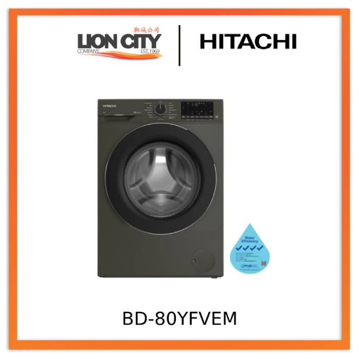 Hitachi BD 80YFVEM Front Load Washer with Steam, Hygiene & Easy Iron Inverter Technology - Perfect for Laundry Rooms, Apartments and Energy-Efficient Homes