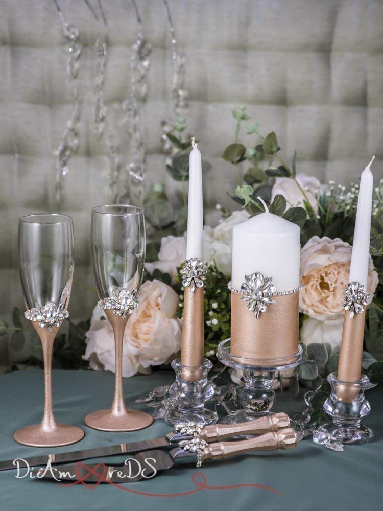 Rose Gold Wedding Set - Silver Crystal Champagne Flutes - Unity Candle Set - Cake Server & Knife (7-Piece Bridal Collection) for Wedding Ceremony, Reception & Anniversary Celebrations