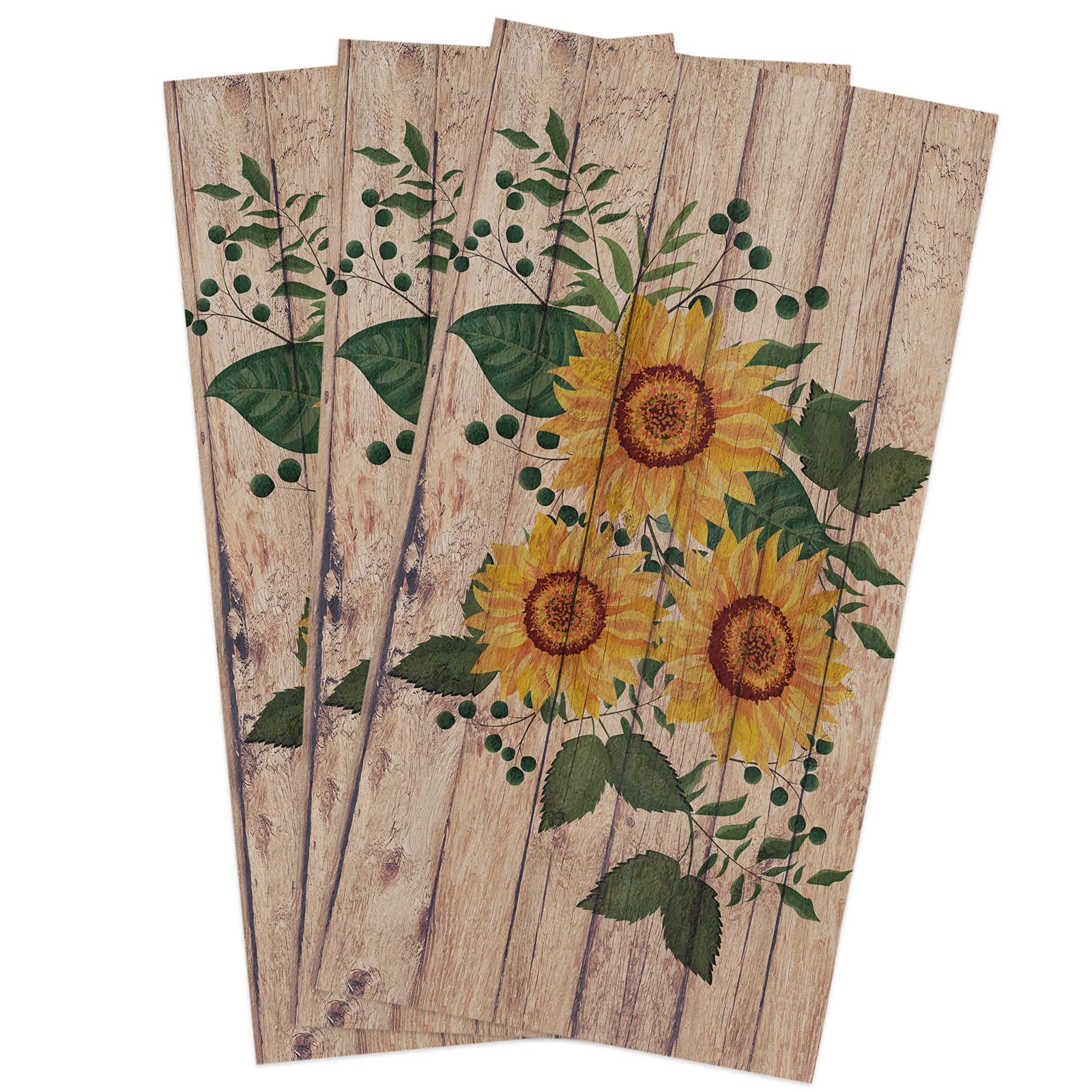 Zadaling Wooden Sunflower Floral Kitchen Towels - 16x28 Inches Soft Cotton Dish Cloths, Tea Towels & Hand Towels (3 Pack) - Perfect for Kitchen, Bar & Home Decor