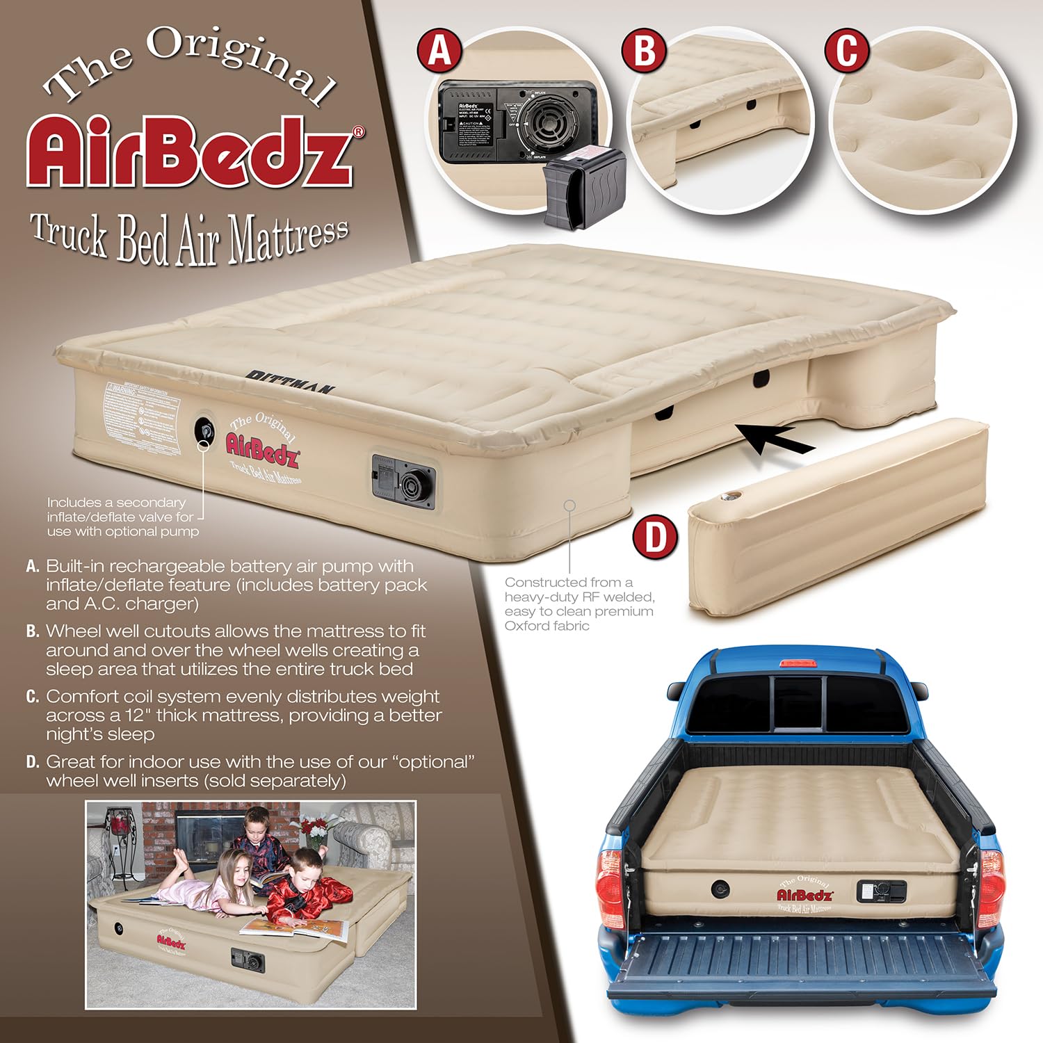 Pittman Truck Bed Air Mattress - 5.5ft to 5.8ft Full Size Short Bed Airbedz for Pickup Trucks | 25% More Coverage | Waterproof & Durable Camping Mattress for Outdoor Adventures, Road Trips & Tailgating