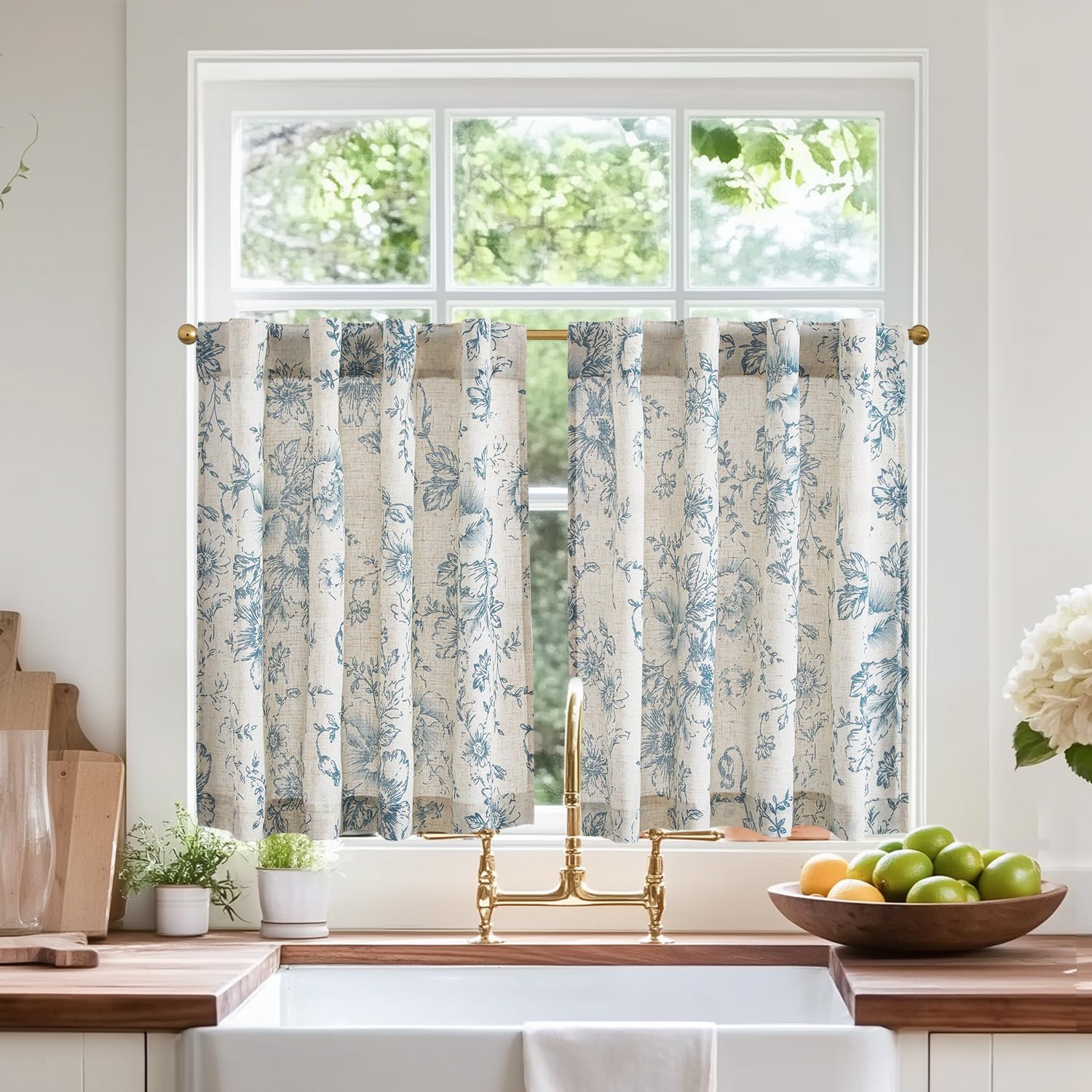 Jinchan Linen Floral Tier Curtains 24 Inch - Farmhouse Botanical Cafe Curtains with Light Filtering | Back Tab Half Window Drapes for Kitchen, Living Room & Bathroom (2 Panels, Blue) | Perfect for Small Windows, Coffee Shops & Cozy Home Decor