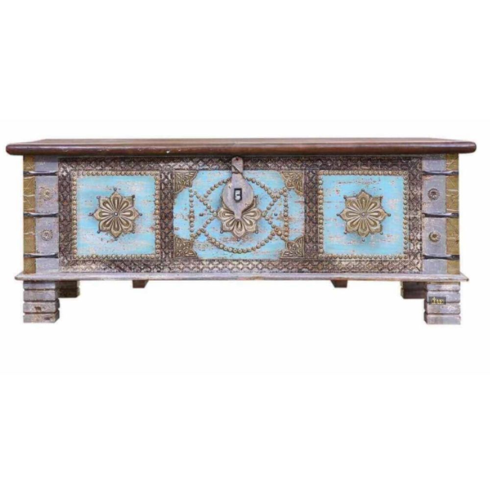 Handmade Embossed Mango Wood Storage Trunk & Coffee Table - Grey Distress Finish | Rustic Home Decor for Living Room, Bedroom & Office