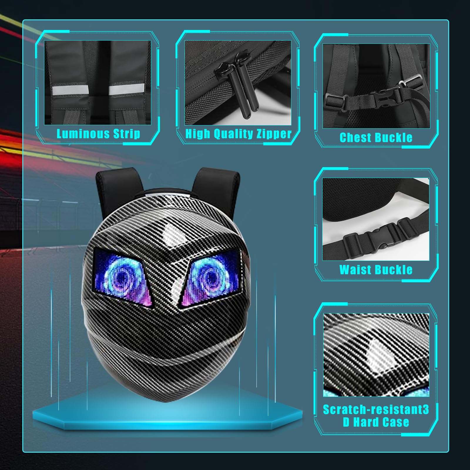 Waterproof LED Motorcycle Backpack for Men - Hard Shell Helmet Bag with Programmable Lights, DIY Riding Travel Laptop Shoulder Bag (Carbon Fiber Texture) - Perfect for Commuting, Night Riding & Adventure Travel