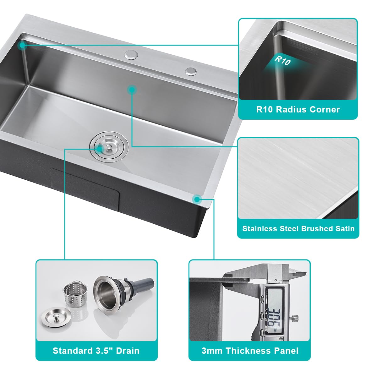 30 Inch Brushed Stainless Steel Drop-in Kitchen Sink - TSIBOMU 18 Gauge Handmade Single Bowl Workstation Sink with Ledge (D30 x W18 x H9) | Perfect for Modern Kitchens, Food Prep & Dishwashing
