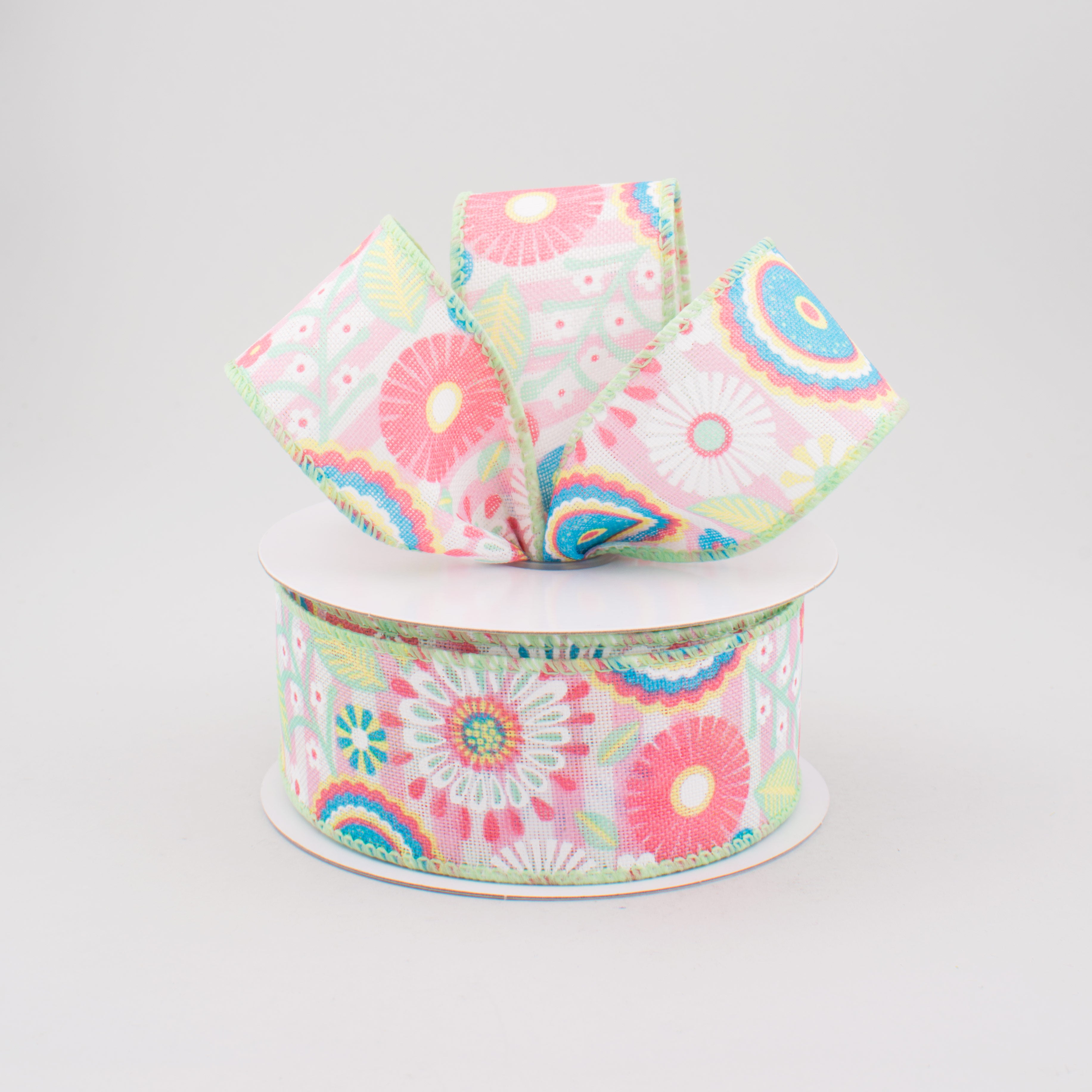 1.5 Inch Wide Pink Stripe Spring Flower Doodles Ribbon - 10 Yards Bulk Roll for Gift Wrapping, Scrapbooking, DIY Crafts & Party Decorations