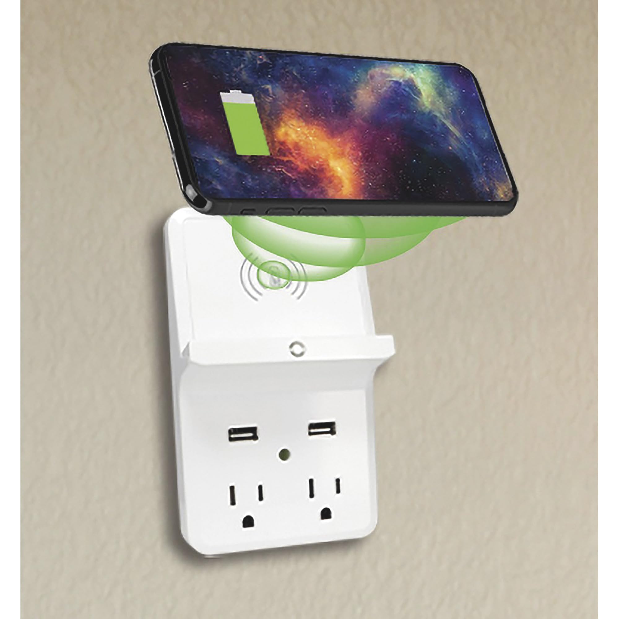 Prime PBUWC01 Wireless Charging Dock Wall Tap - 2 AC Outlets & Dual USB Ports - Fast Charging Station for Home, Office, Travel - Compatible with iPhone, Samsung, AirPods & More