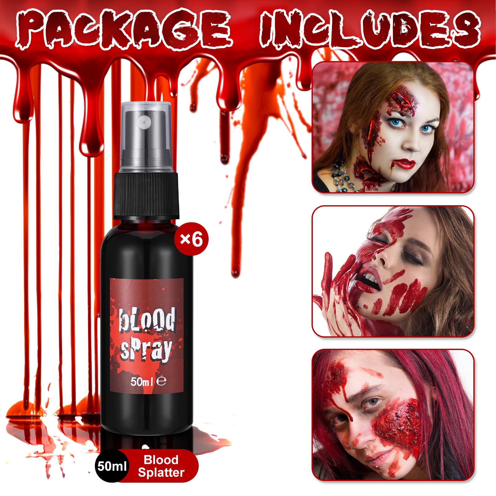 6 PCS Halloween Fake Blood Makeup Kit - Realistic Fresh Red Fake Blood Spray, Washable Blood for Cosplay, Zombie, Vampire & Monster Costumes - Perfect for Halloween Parties, Horror Events & Theatrical Makeup (Set 2)