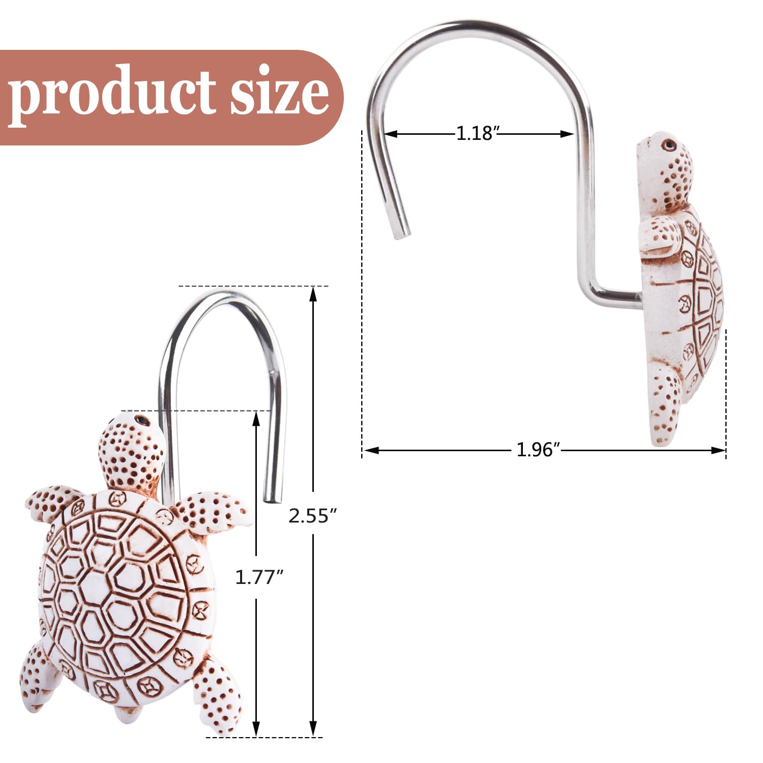 Rustproof Seashell Turtle Shower Curtain Hooks - 12 Pack Beach Theme Bathroom Decor for Coastal & Ocean Inspired Showers - Perfect for Nautical, Vacation Home, and Beach House Bathroom Decorations