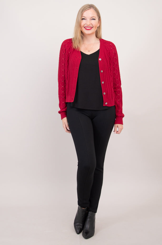 Bena Women's Red Cotton Cardigan Sweater - Soft & Comfortable Open Front Knit Wrap for Fall & Winter - Perfect for Casual Outfits, Office Wear, and Cozy Layering
