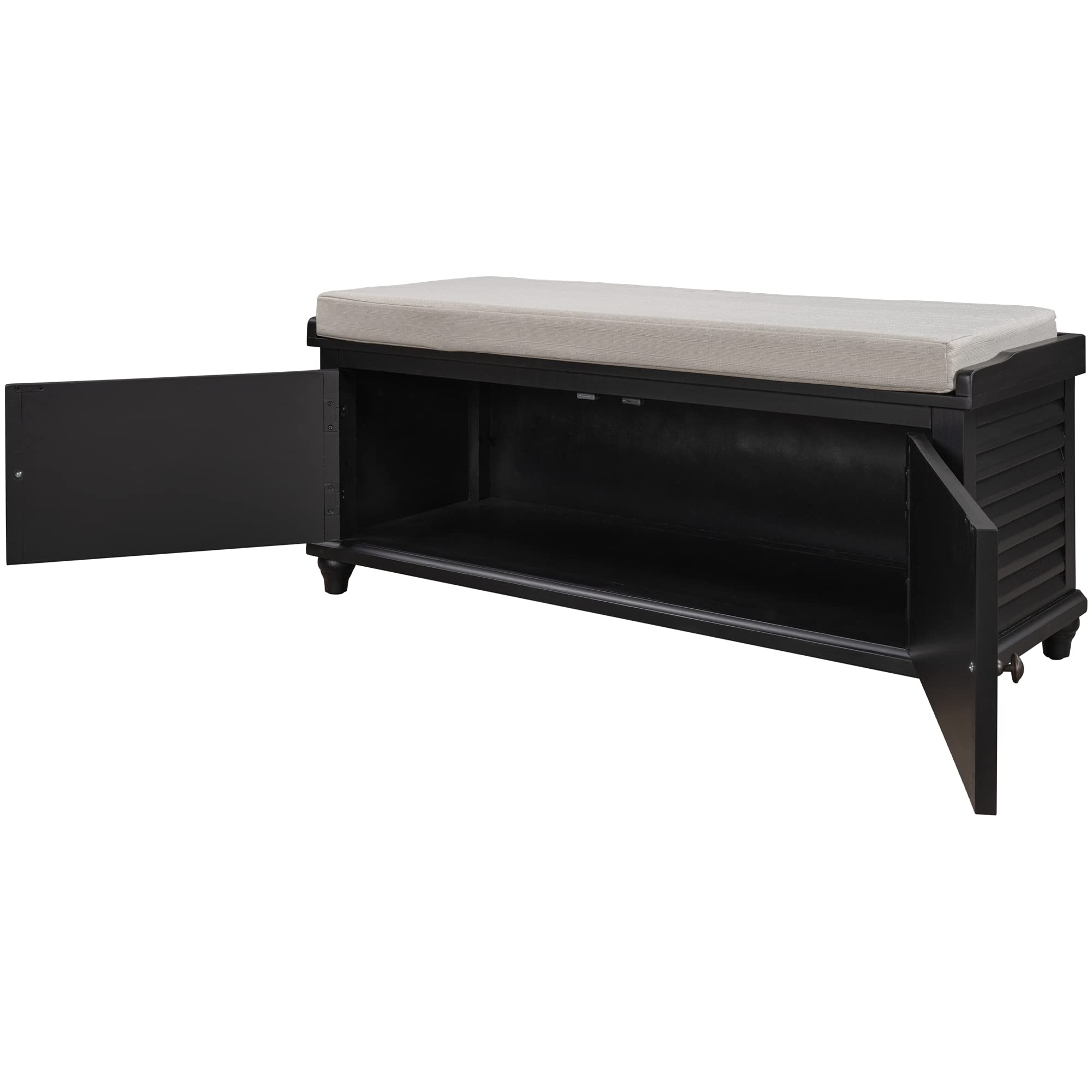 RUNNA Solid Wood Entryway Storage Bench with Removable Cushion - 2 Door Louver Shoe Bench for Hallway, Living Room & Entryway - Perfect for Organizing Shoes, Hats & Home Decor (Black)