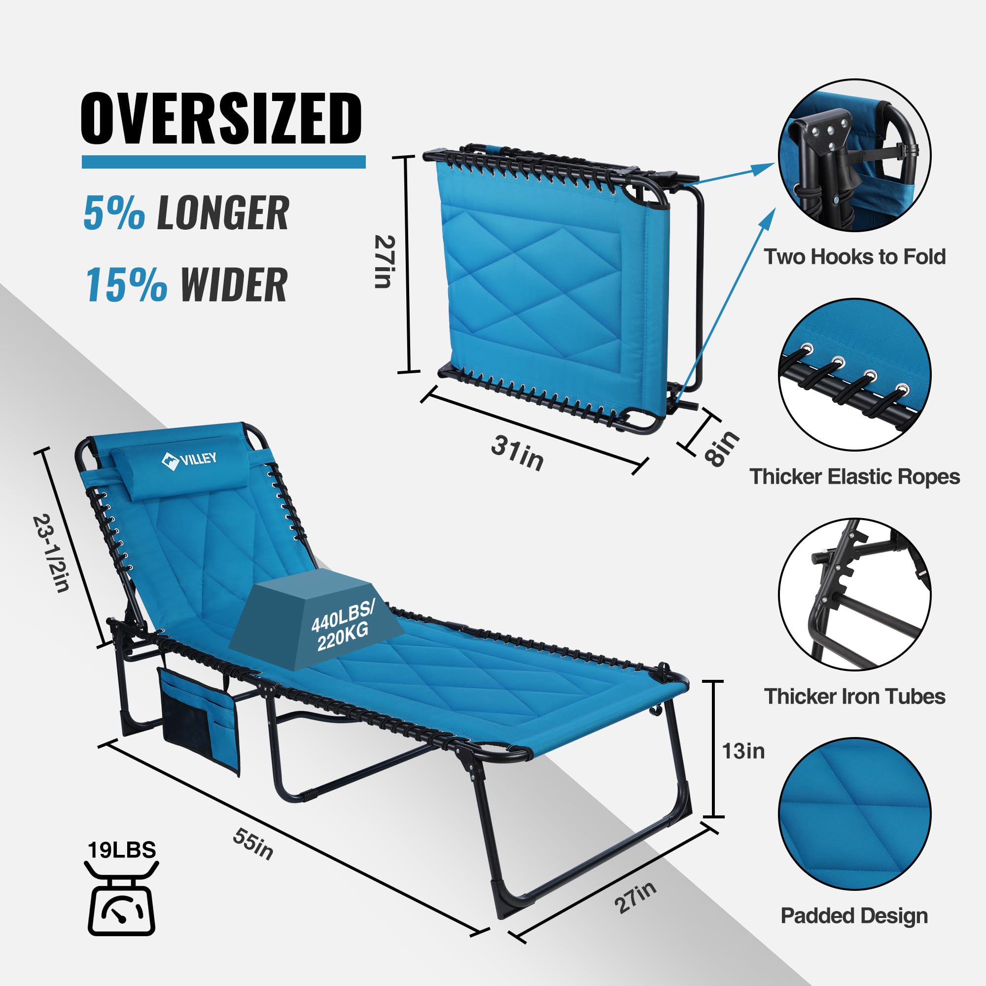 VILLEY Oversized Padded Chaise Lounge Chair with Cushion - Foldable Camping Cot & Patio Recliner - Portable Folding Sleeping Bed for Outdoor, Indoor, Backyard, Garden, Camping, Beach - Perfect for Relaxing, Sunbathing and Lounging