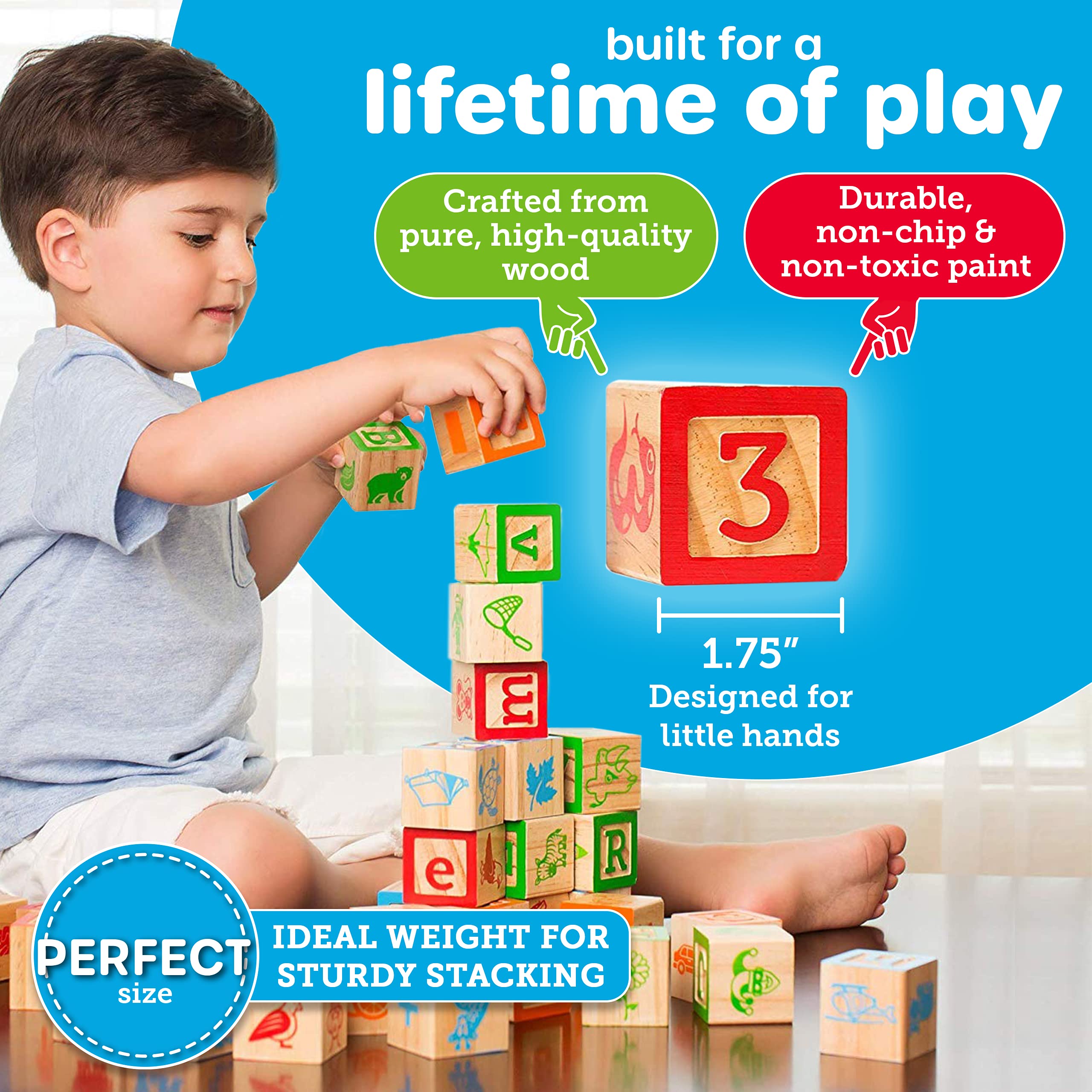 36-Piece Wooden Building Blocks for Toddlers 1-3 Years - Large Stacking Blocks with Alphabet & Number Learning - Educational Montessori Toys for Preschool Learning & Creative Play