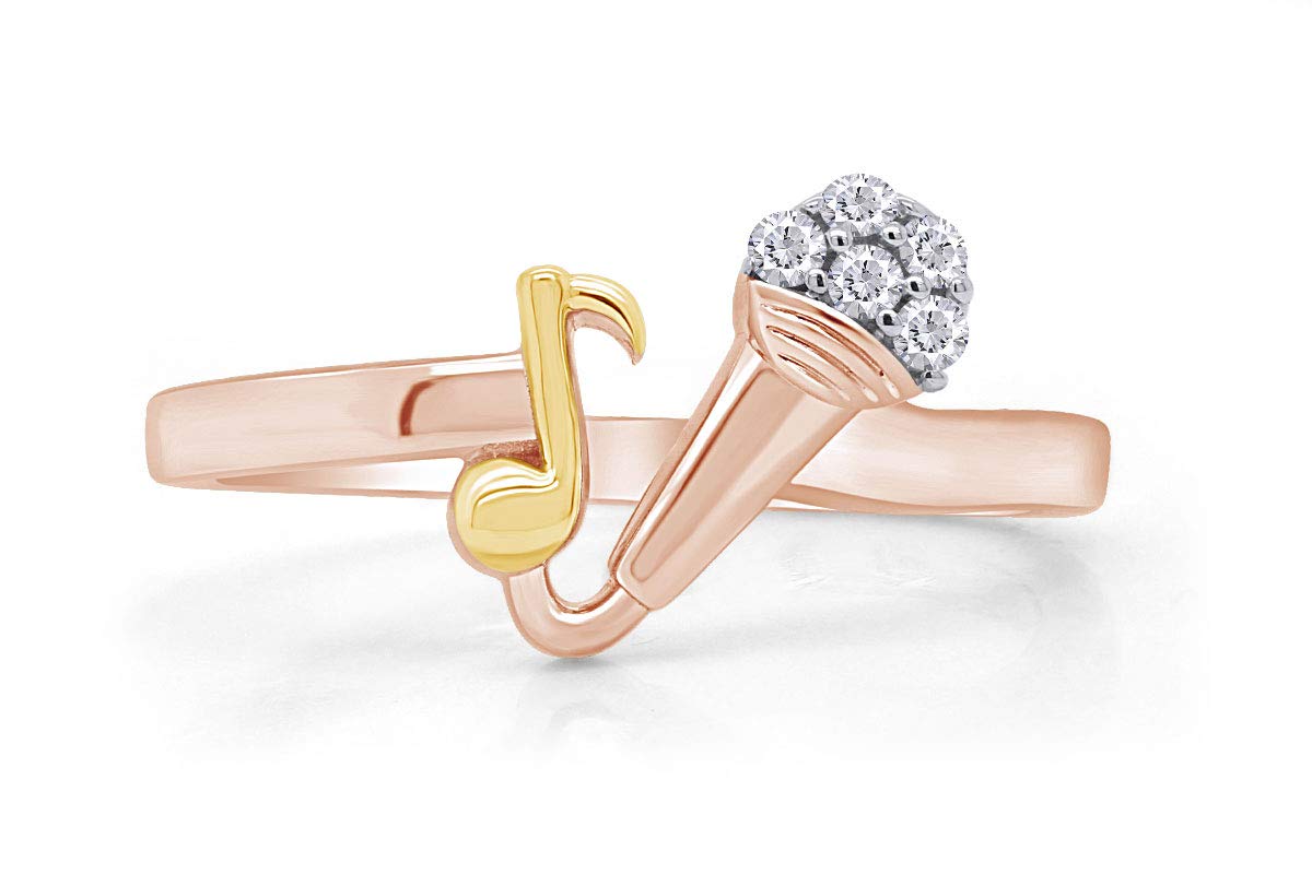 Round White Natural Diamond Accent Mic & Music Note Two Tone Ring - Elegant Jewelry for Musicians, Singers & Music Lovers - Perfect Gift for Performances, Concerts & Special Occasions