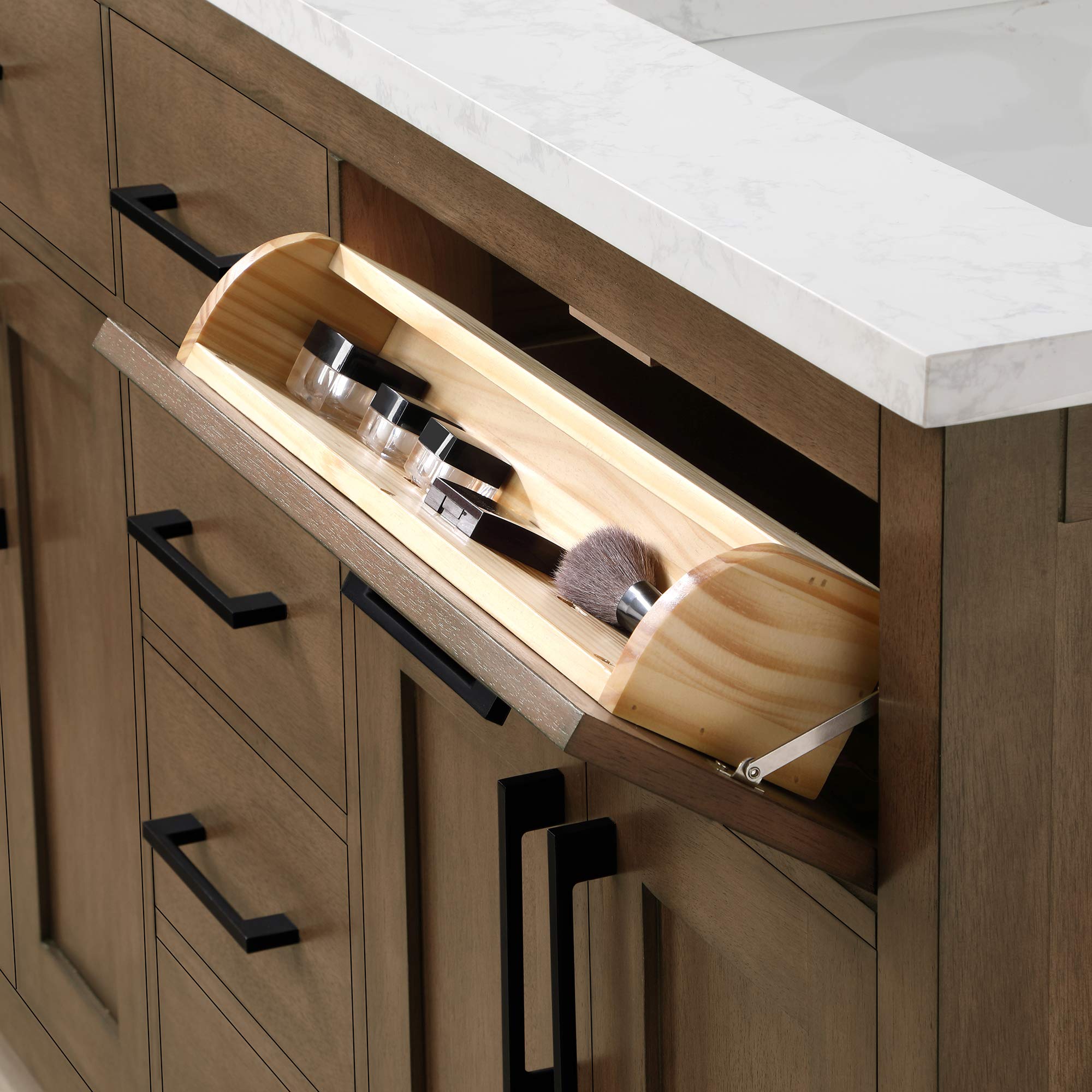 Ove Decors Maya Plus 60-Inch Double Sink Bathroom Vanity in Almond Latte Finish with Black Hardware & Power Bar - Modern Bathroom Storage Solution for Master Bath & Guest Bath Remodel