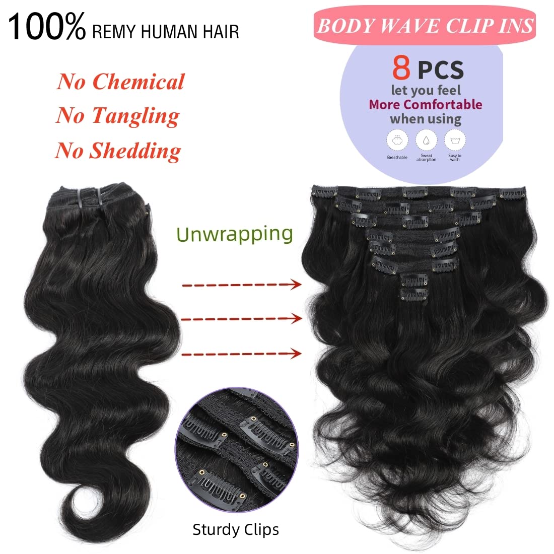 LUMIERE 18 Inch Body Wave Clip In Hair Extensions - 8Pcs Glueless Human Hair Extensions for Black Women, 120g Grade 10A Brazilian Remy Hair, Double Wefts Thick & Soft - Perfect for Daily Wear, Parties & Special Occasions