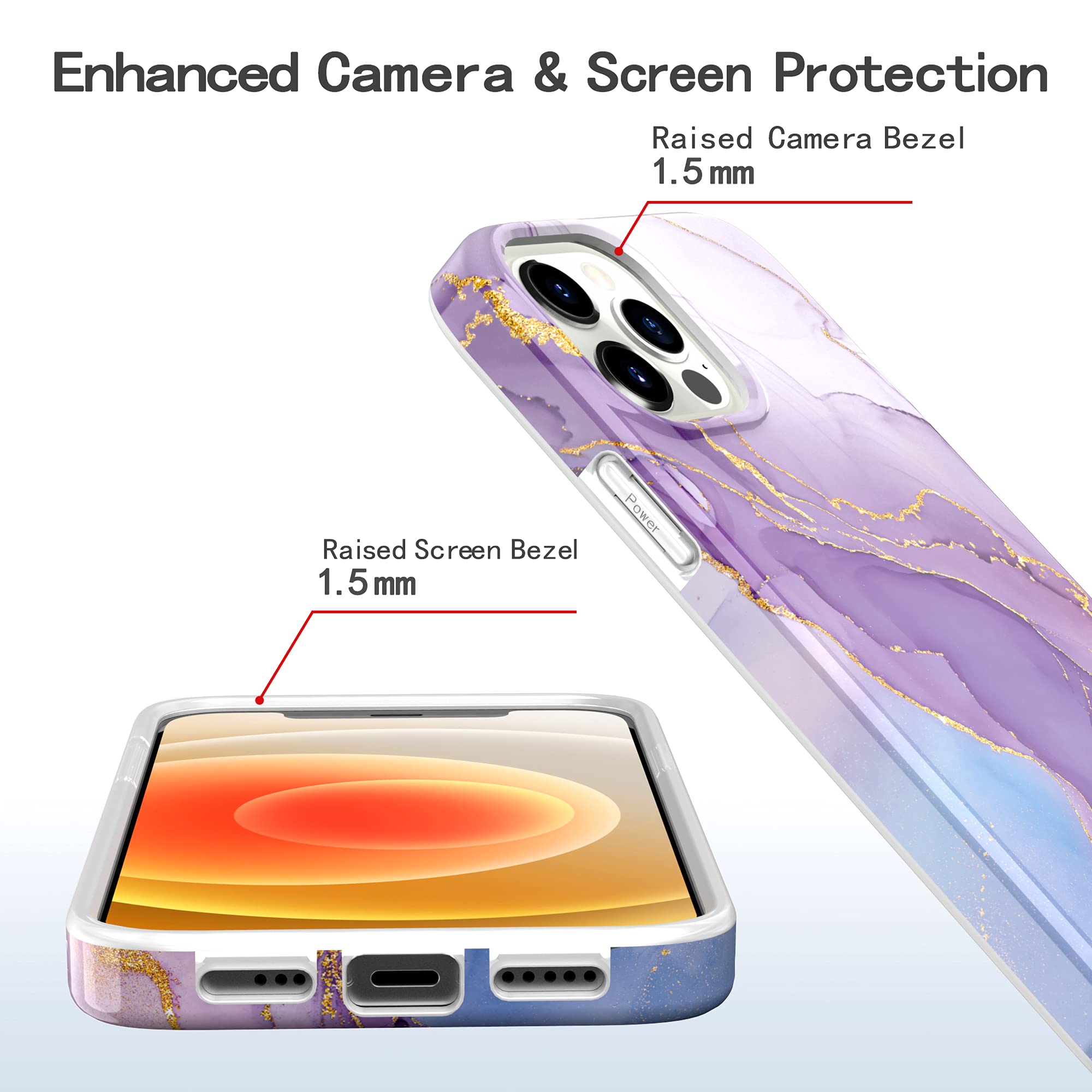 BAISRKE iPhone 12 Pro Max Case 6.7 Inch - Sparkle Glitter Marble Design, Shockproof Flexible TPU Cover with Soft Bumper, Gold & Ornate Purple for Women | Perfect for Everyday Use, Office, and Special Occasions