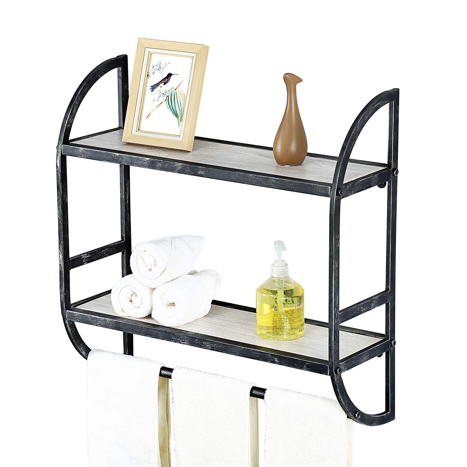 2-Tier Floating Wall Shelves with Towel Bar - Rustic Bathroom Storage Shelves for Towels, Toiletries & Decor | Perfect for Small Bathrooms, Showers & Spa Areas