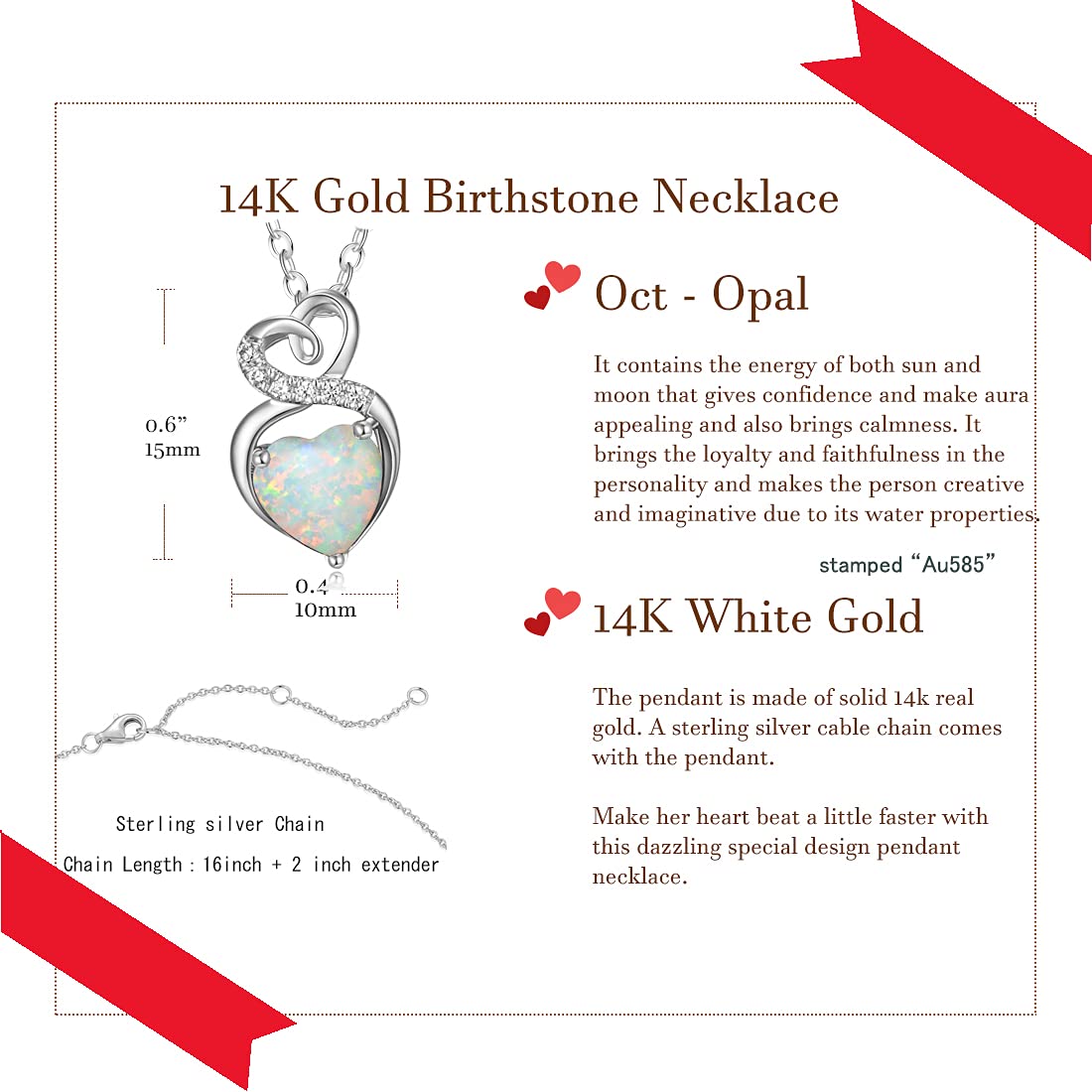 14K Solid White Gold Birthstone Necklace with Sterling Silver Chain - 1.5 CT Gemstone Heart Pendant - Dainty Fine Jewelry for Women (16
