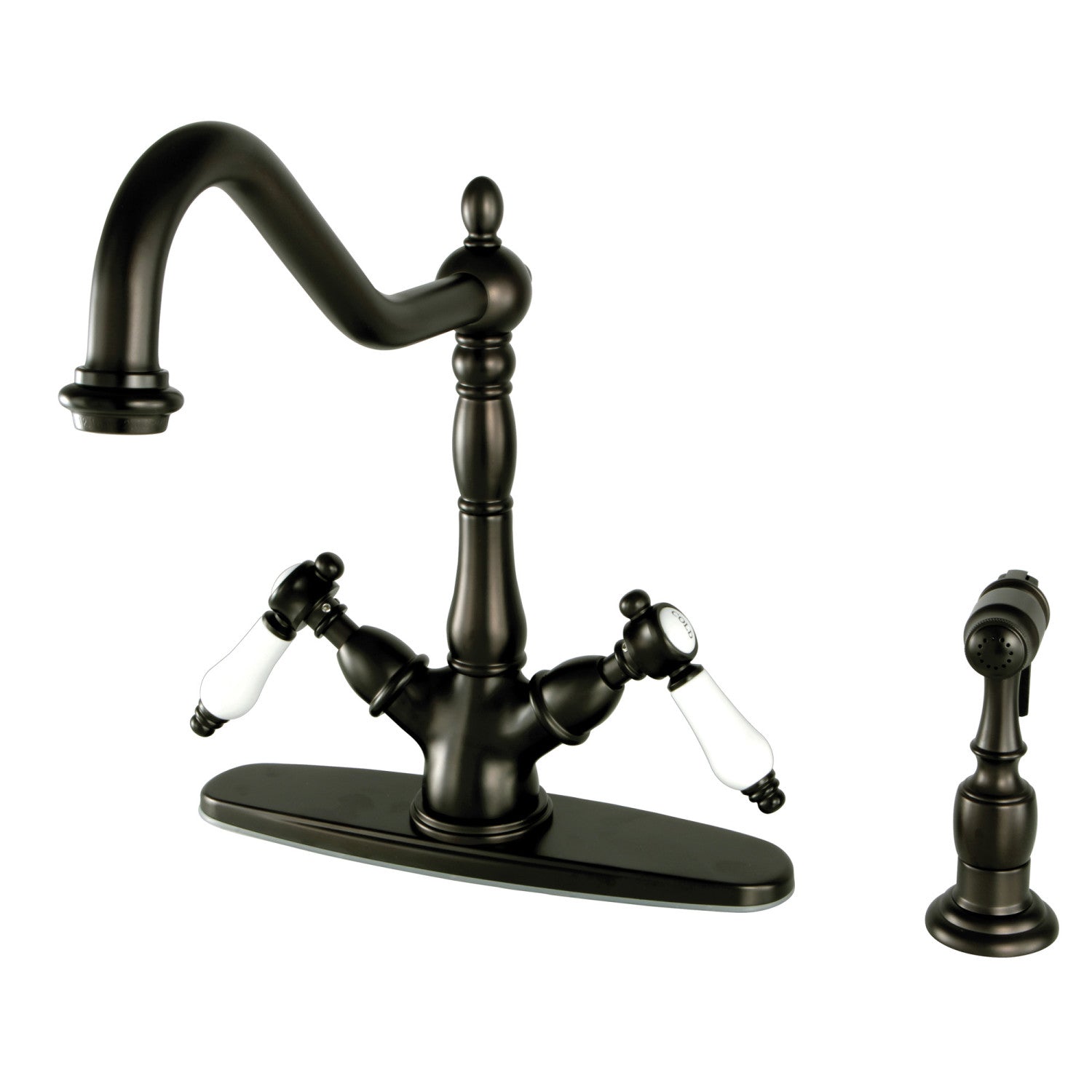 Bel Air KS1235BPLBS Two Handle 2 or 4 Hole Kitchen Faucet with Deck Plate & Brass Sprayer - Oil Rubbed Bronze Finish for Modern Farmhouse & Traditional Kitchens
