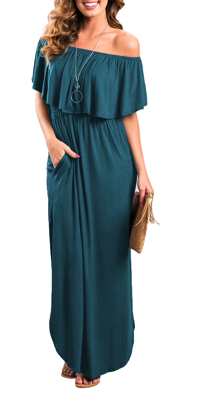 Women's Off The Shoulder Ruffle Party Dress with Side Slit - Elegant Beach Maxi Dress for Summer Weddings, Vacations & Night Out
