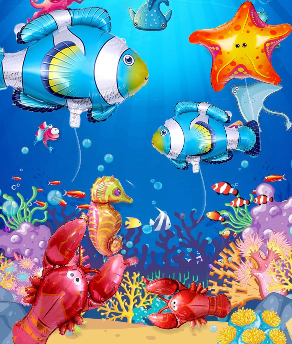 9 Pcs Large Ocean Animal Balloons - Cartoon Fish Foil Balloons for Birthday Party Decorations, Baby Shower & Under the Sea Theme Events
