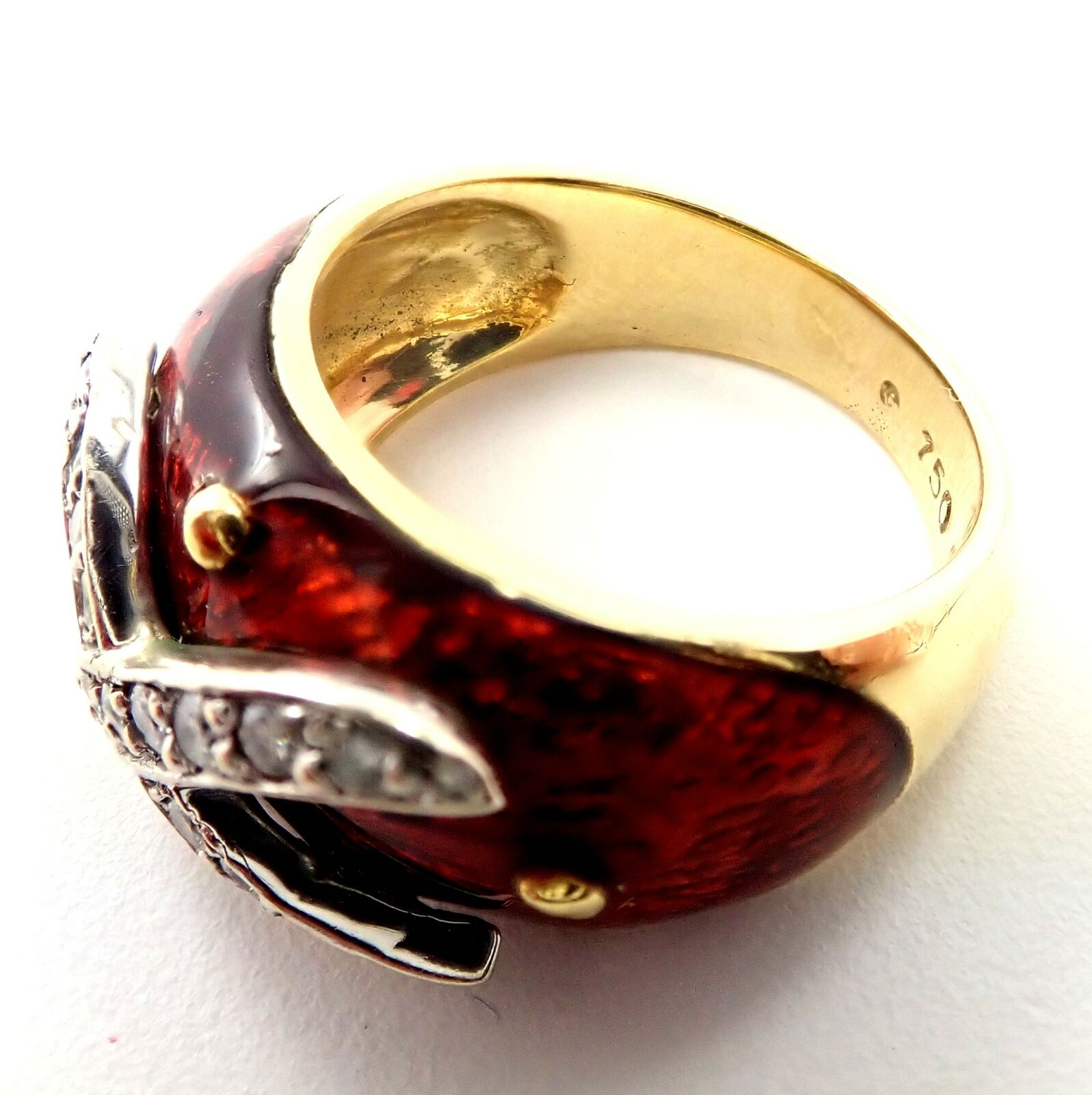 Authentic 18K Yellow Gold Red Enamel & Diamond Ring Size 5 - Elegant Hidalgo Jewelry for Weddings, Anniversaries & Special Occasions