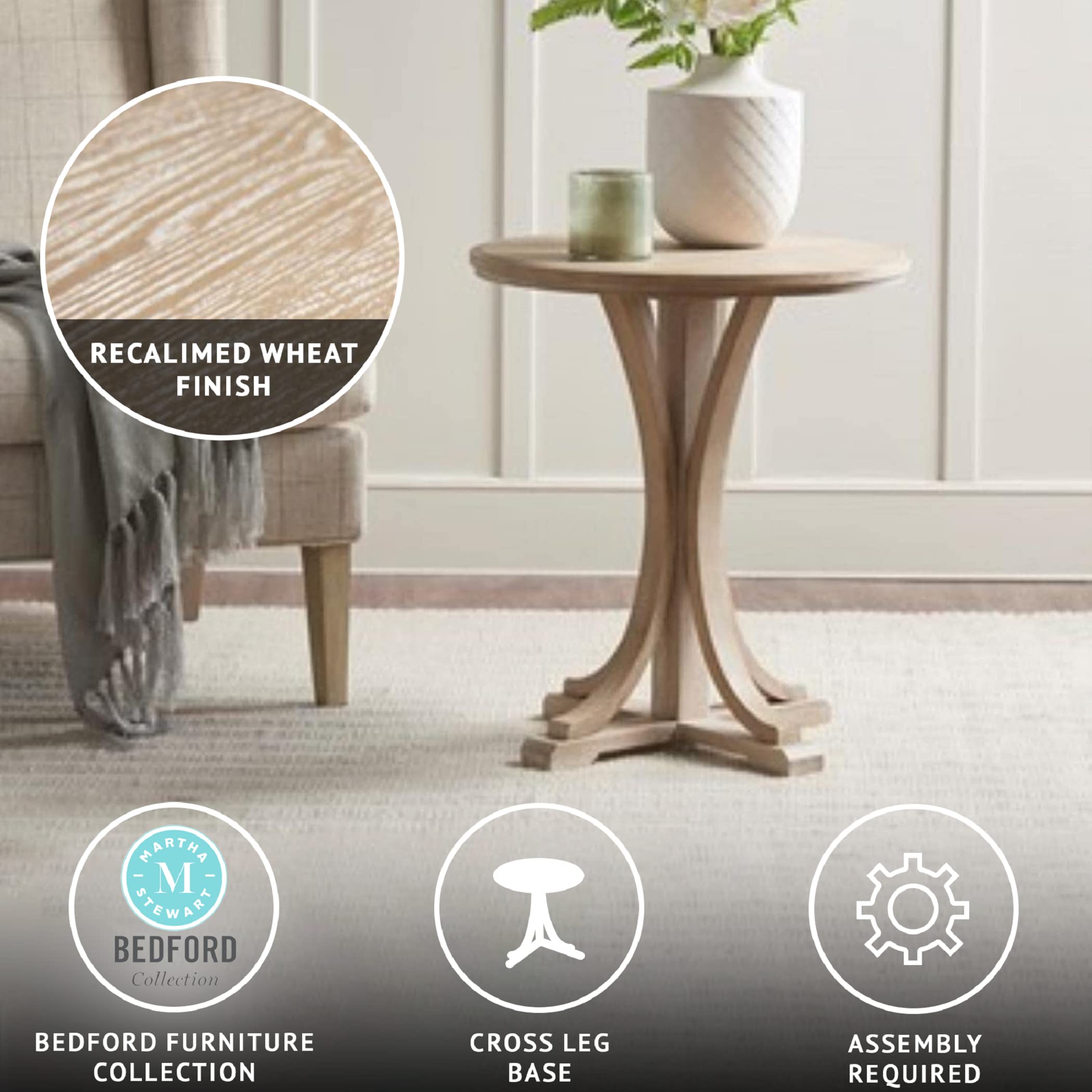 Martha Stewart Fatima Accent Table - Modern Mid-Century Rustic Pedestal Design Round Side Table for Living Room, Bedroom, or Office - 21