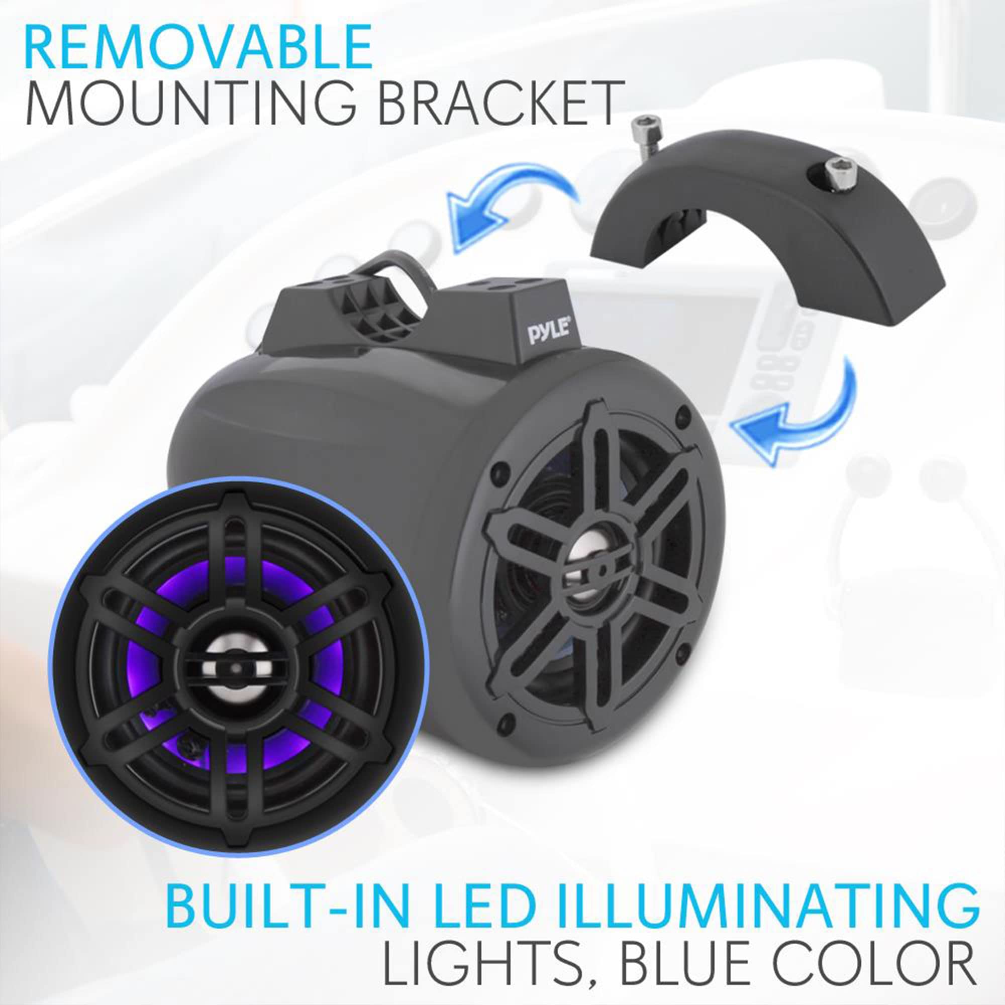 Pyle Waterproof Marine Wakeboard Tower Speakers - 4 Inch Dual Subwoofer Speaker Set w/LED Lights & Bluetooth for Wireless Music Streaming - Boat Audio System w/Mounting Clamps - Perfect for Wakeboarding, Boating, and Outdoor Water Sports
